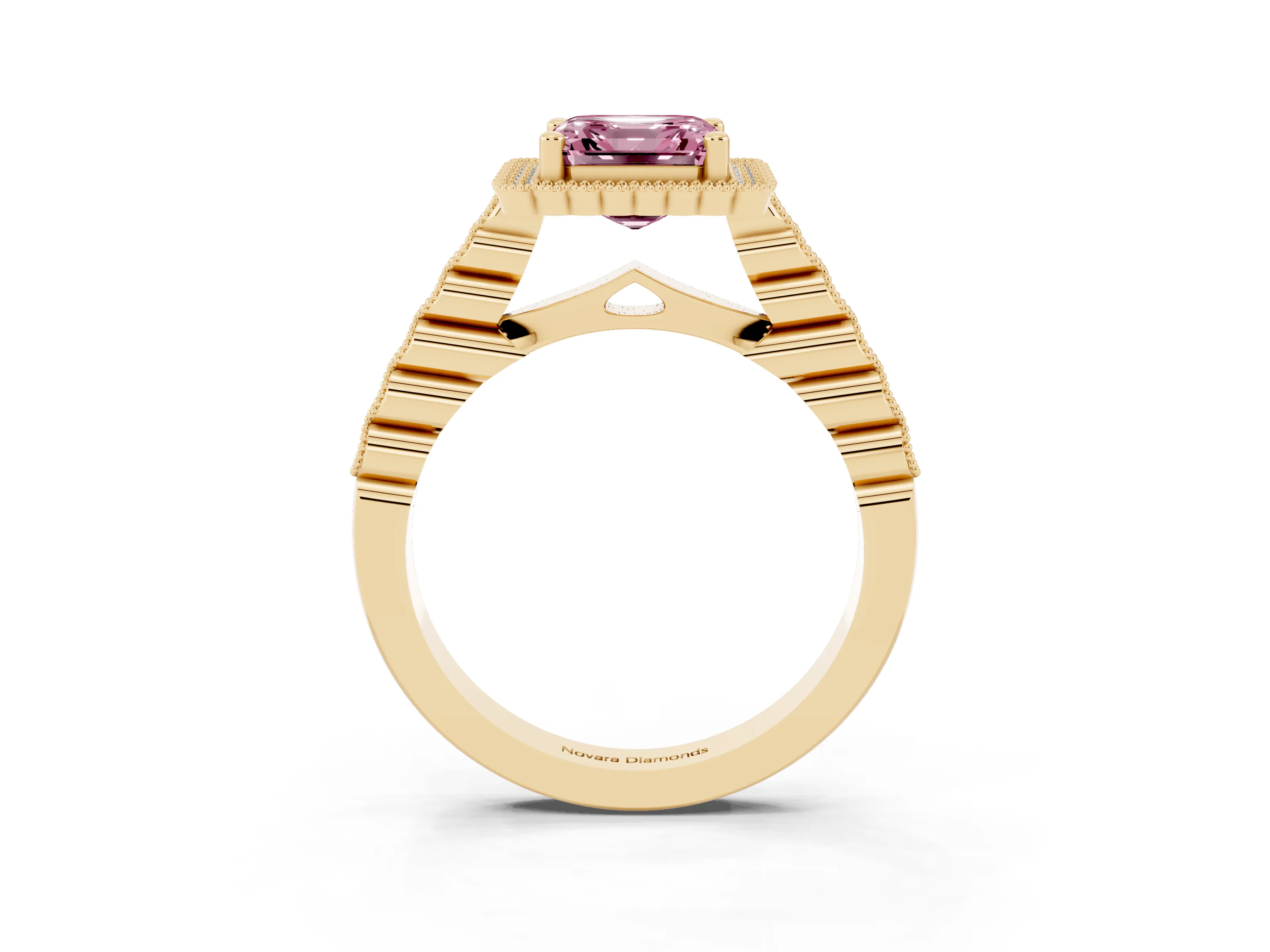 Fancy Pink Asscher Cut Diamond Halo Ring Set in Yellow gold with Pavé Milgrain Band