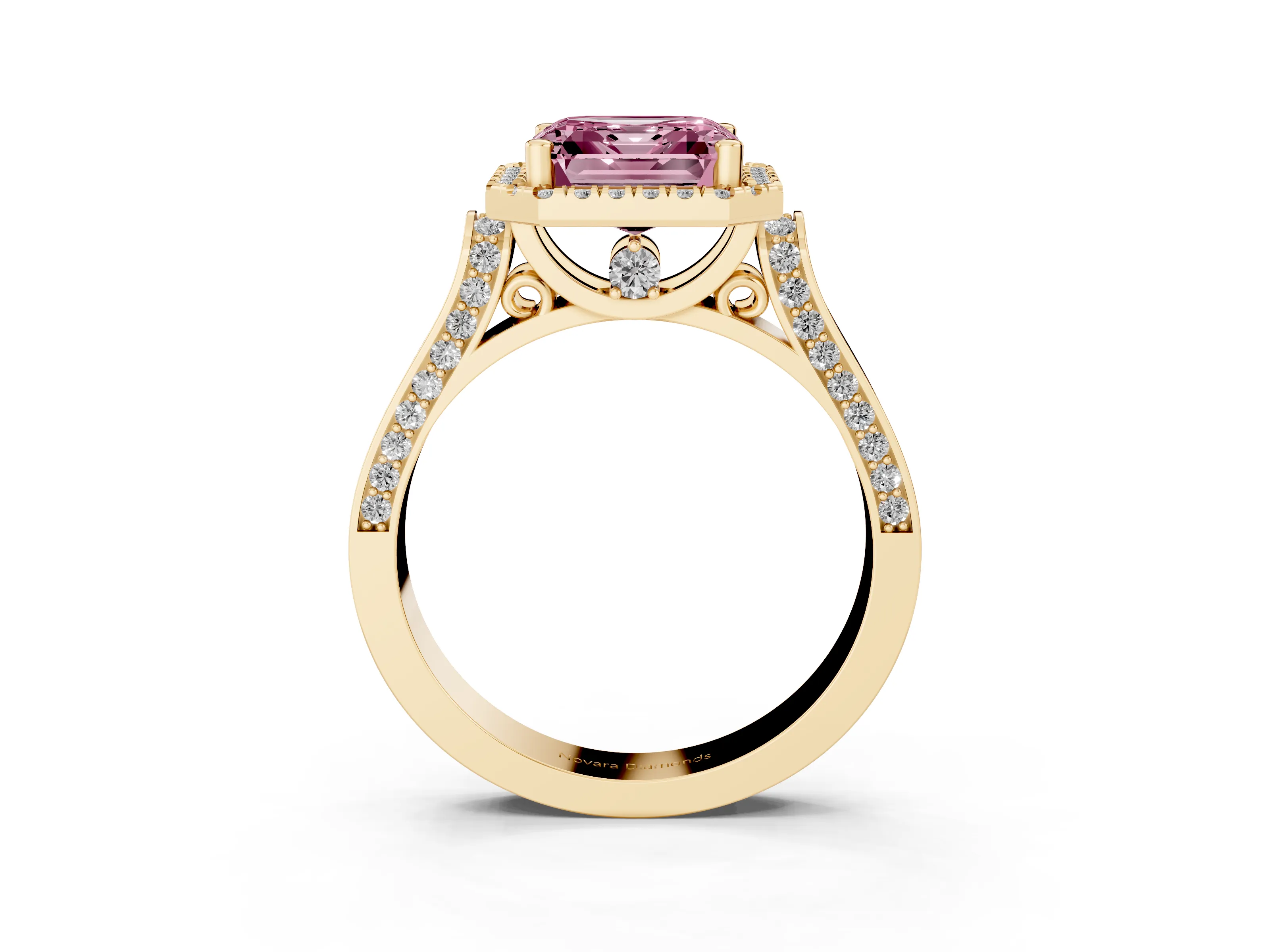 Fancy Pink Asscher Cut Diamond Halo Ring Set in Yellow gold with Pavé-Lined Split Shank Band
