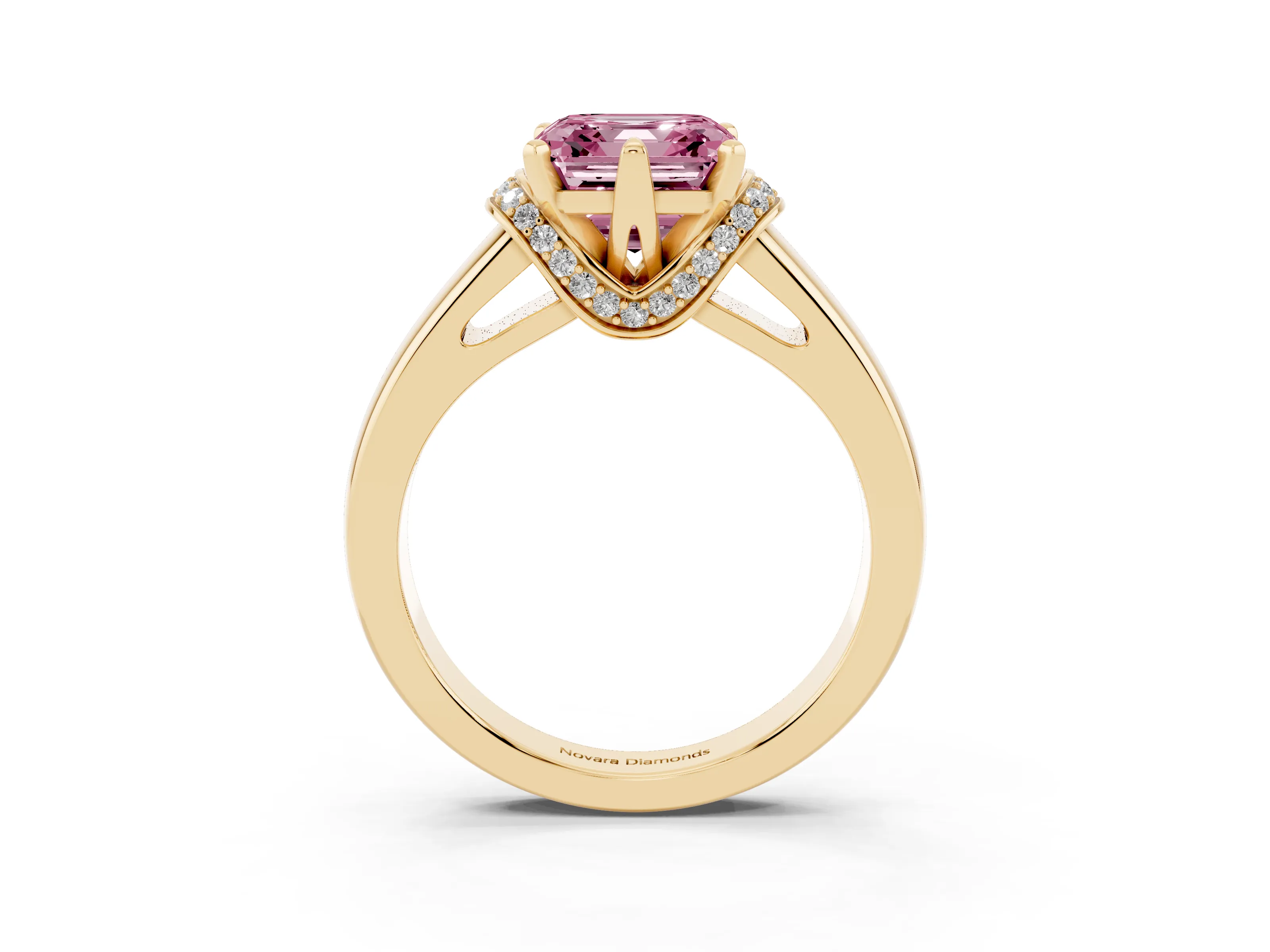 Fancy Pink Asscher Cut Diamond Pavé Band Solitaire Ring Set in Yellow gold with Prong Setting