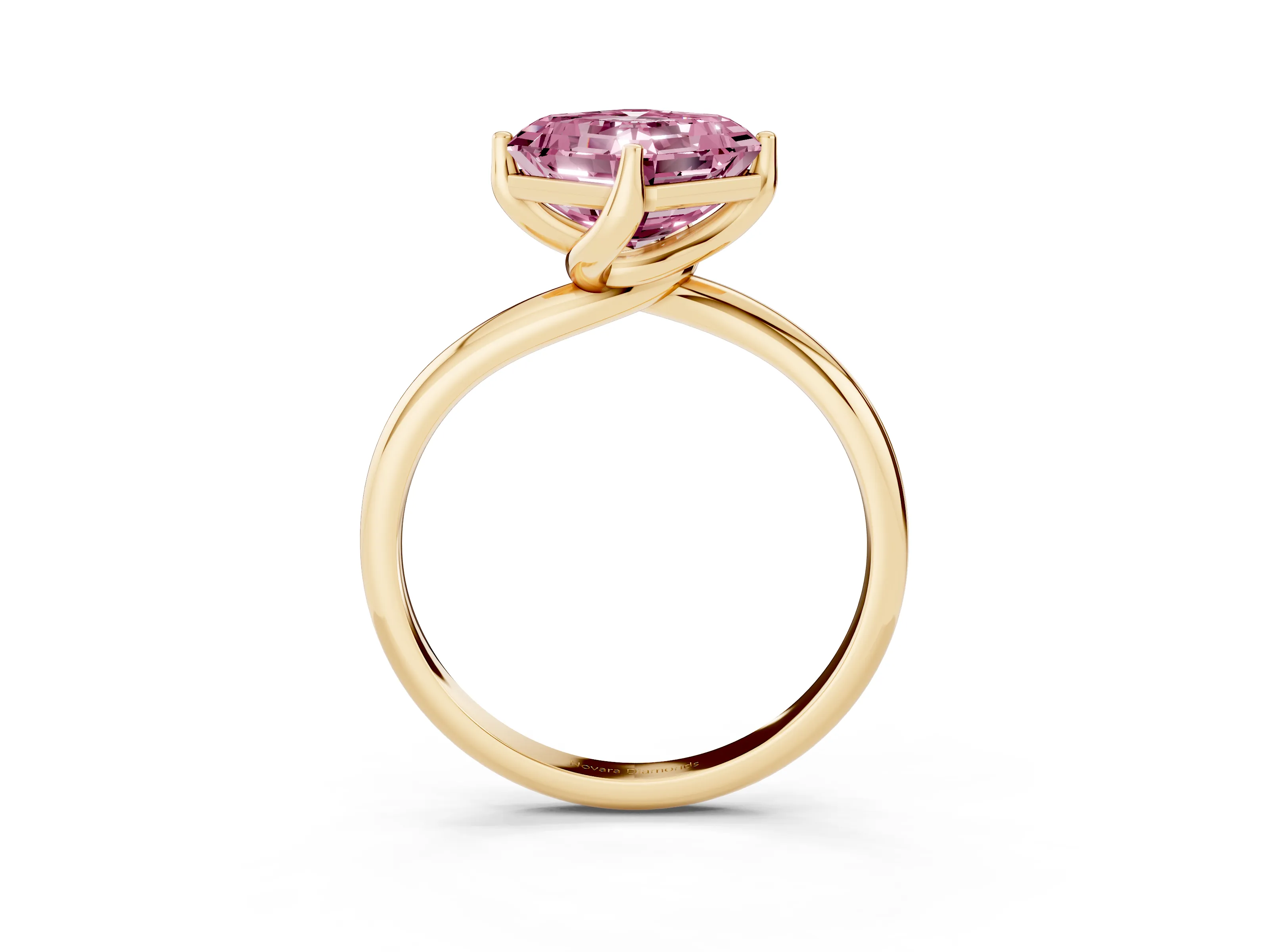 Fancy Pink Asscher Cut Diamond Solitaire Engagement Ring Set in Yellow gold with Classic Plain Band
