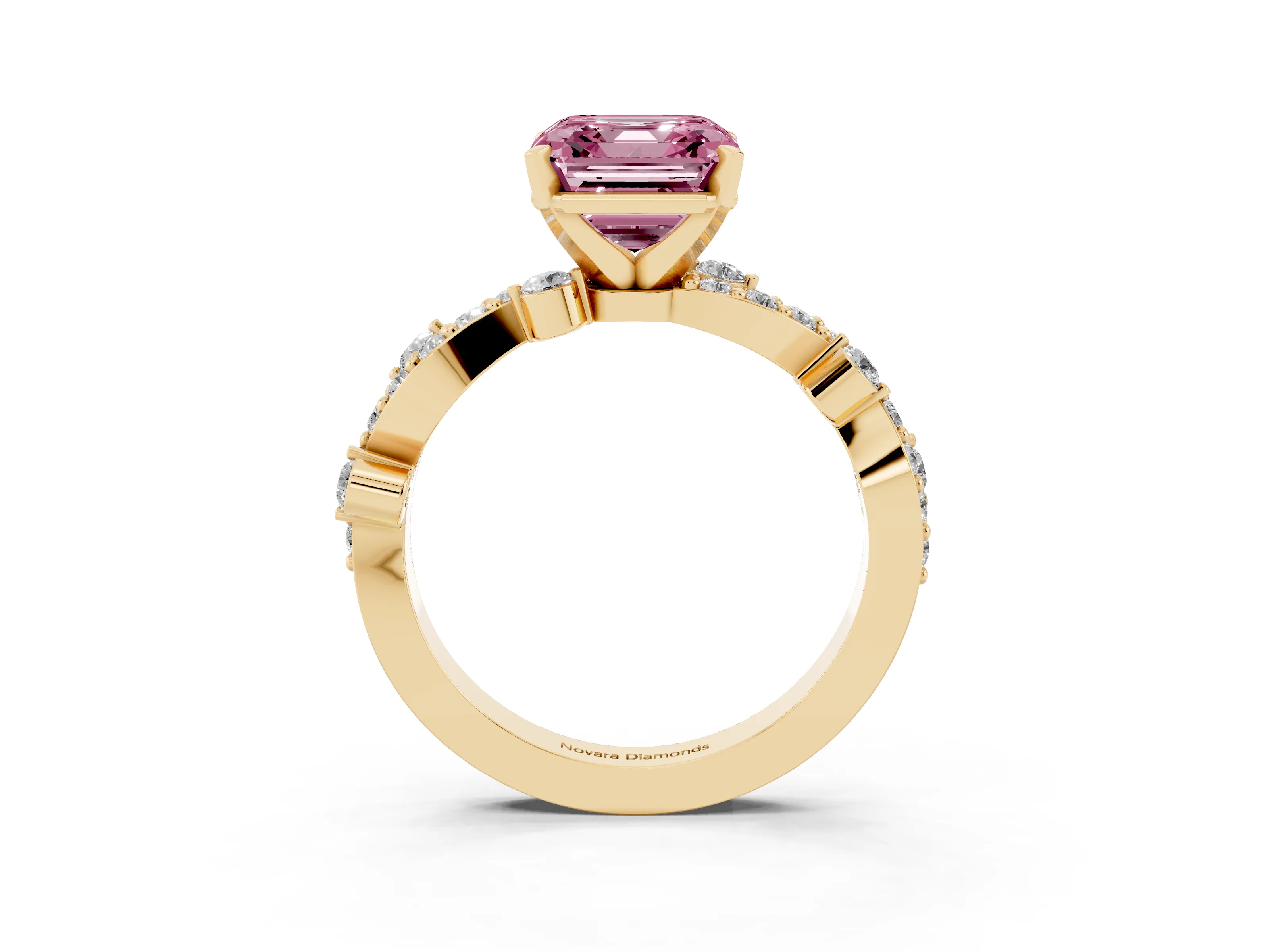 Fancy Pink Asscher Cut Diamond Solitaire Twisted Band Set in Yellow gold with Pavé Setting