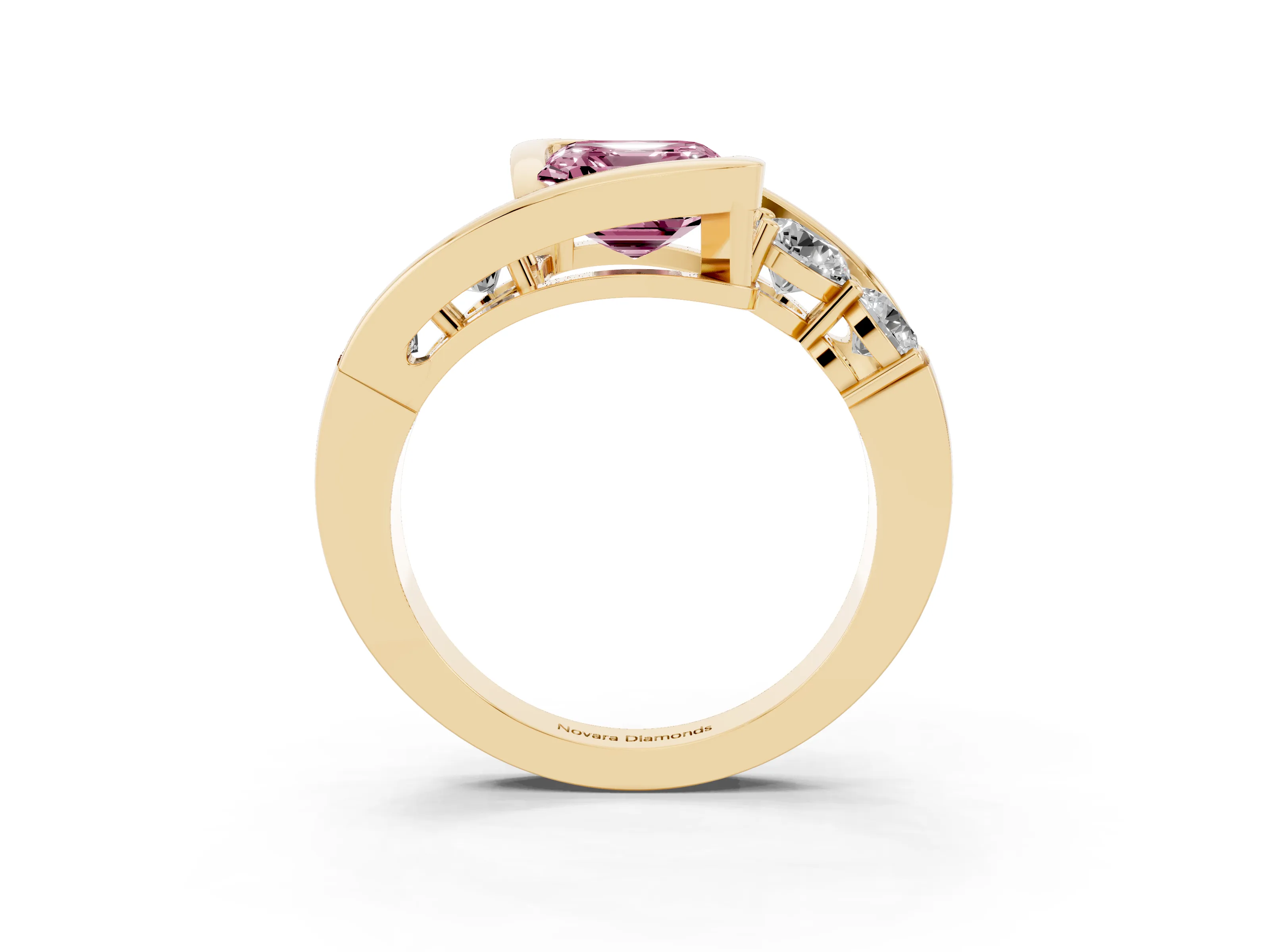 Fancy Pink Asscher Cut Diamond Bezel Bypass Ring Set in Yellow gold with Round Accents