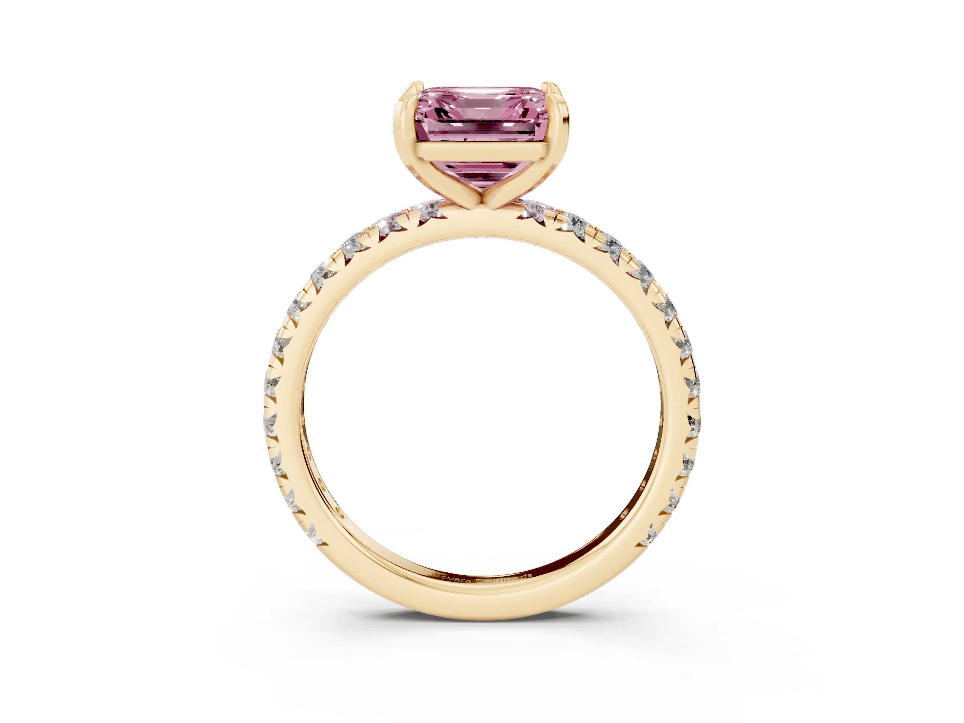 Fancy Pink Asscher Cut Diamond Pavé Solitaire Ring Set in Yellow gold with Round Band and Prong Setting
