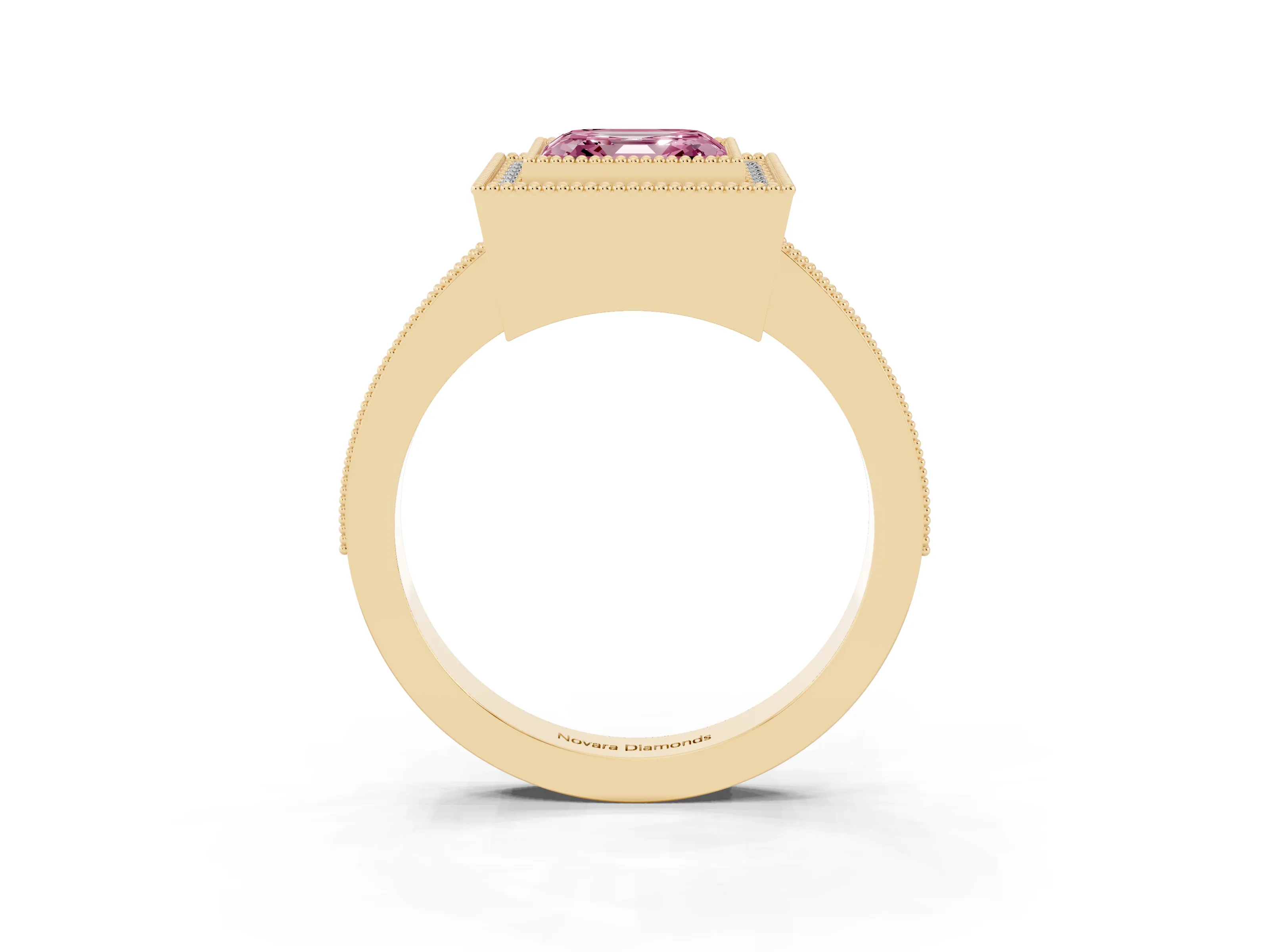 Fancy Pink Asscher Cut Diamond Halo Engagement Ring Set in Yellow gold with Pavé Band and Round Halo Stones