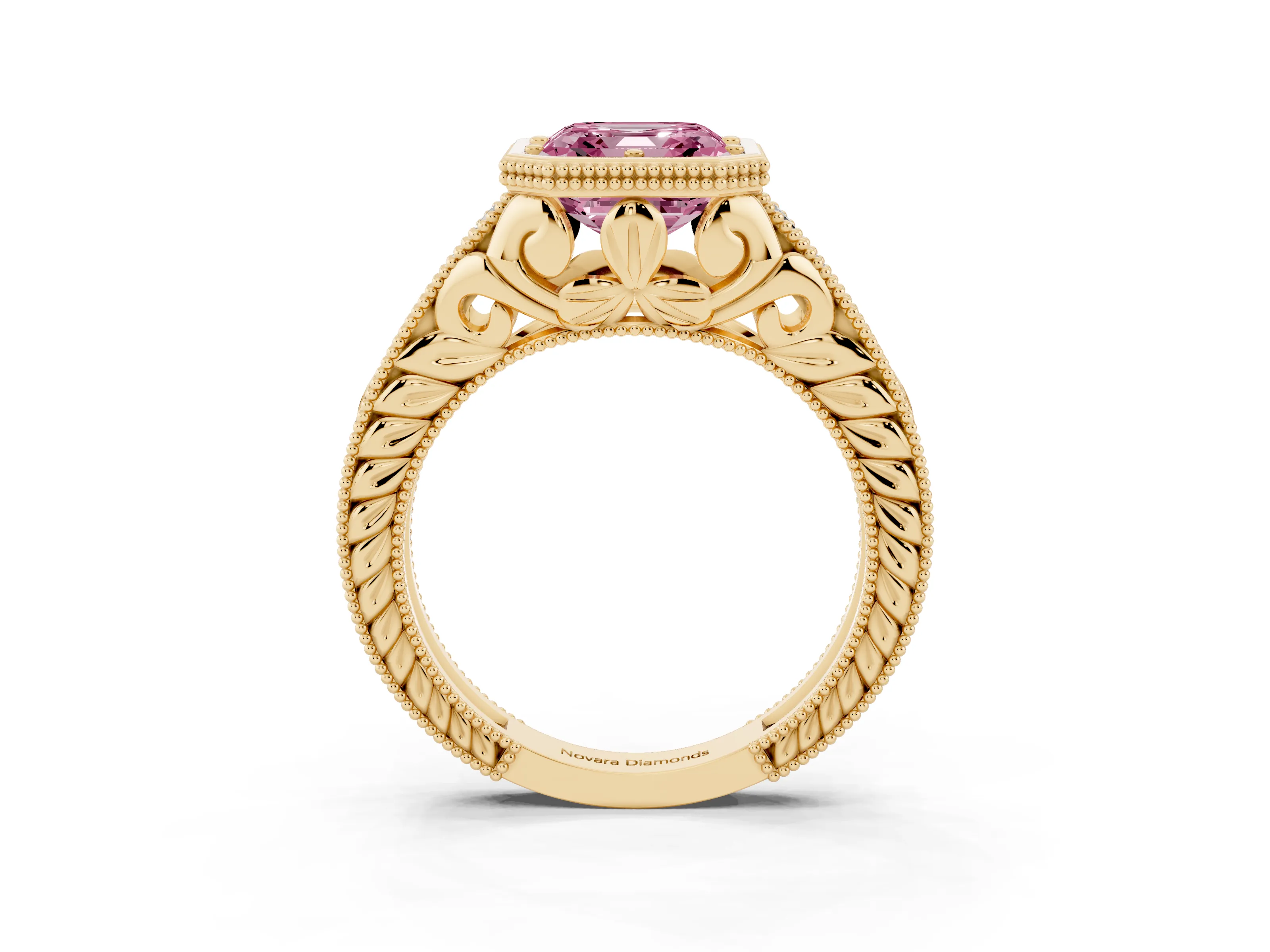 Fancy Pink Bezel Set Asscher Cut Diamond Milgrain Pavé Engagement Ring Set in Yellow gold