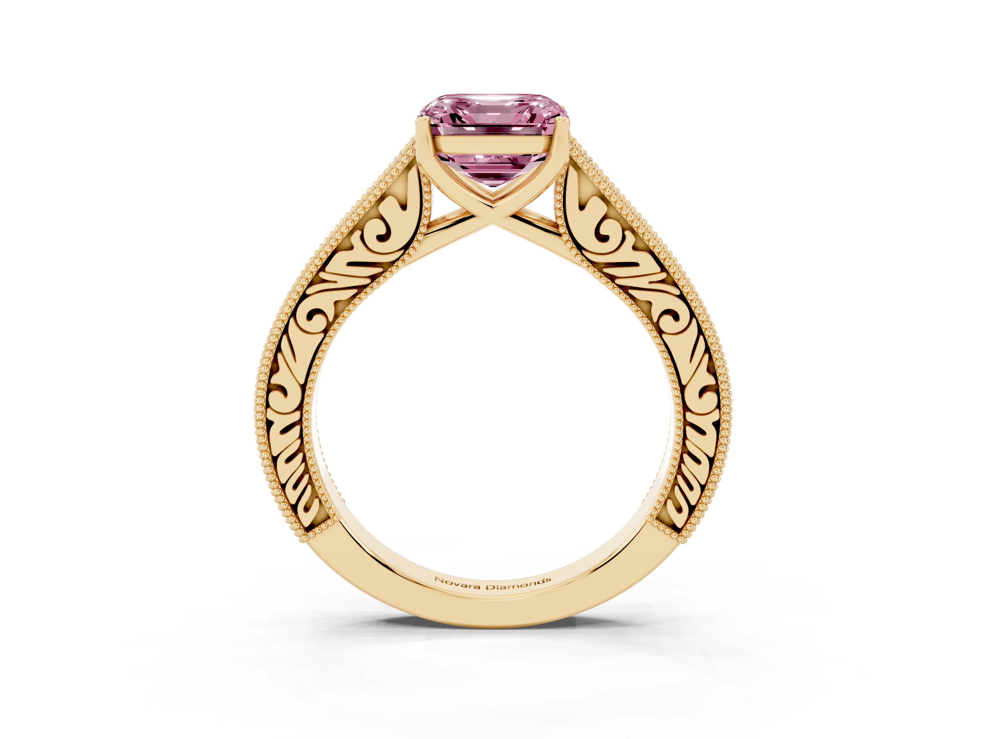 Fancy Pink Asscher Cut Diamond Milgrain Pavé Band Solitaire Ring Set in Yellow gold with Prong Setting