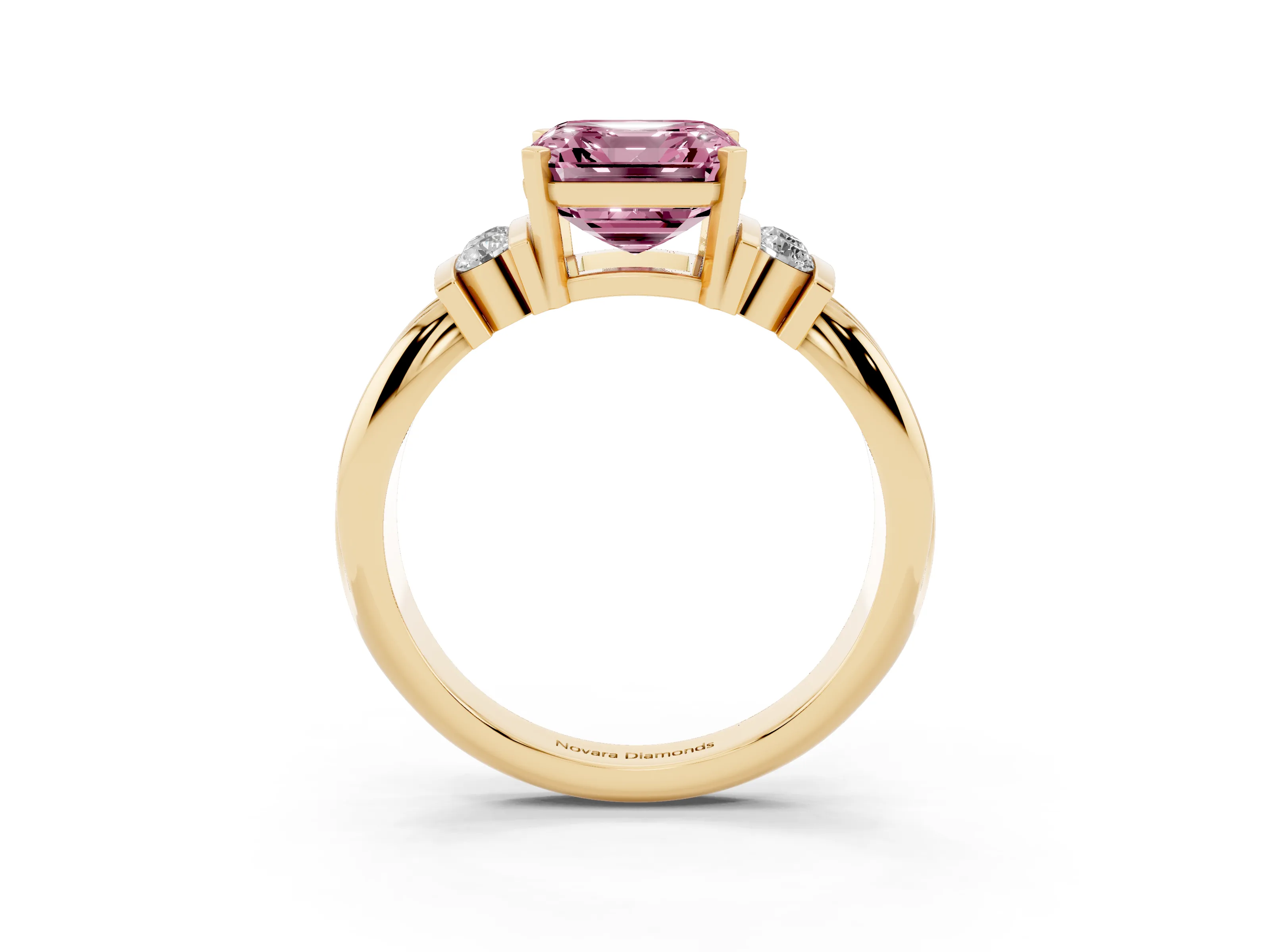 Fancy Pink Three-Stone Asscher Cut Diamond Channel Set Ring Set in Yellow gold with Bar Prongs