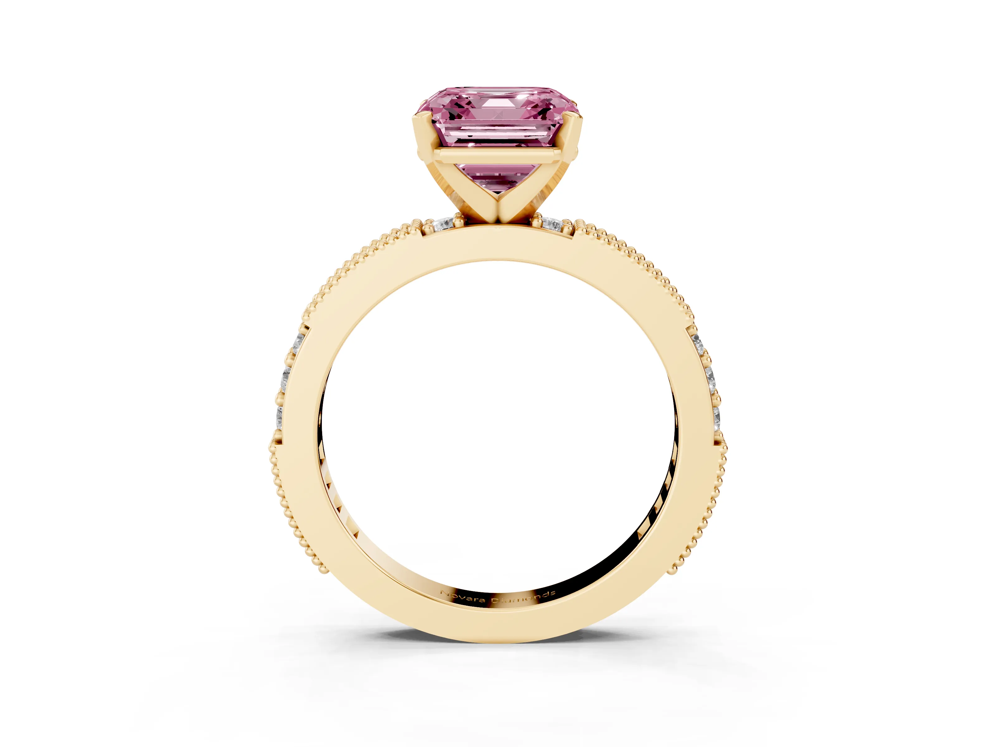 Fancy Pink Asscher Cut Diamond Solitaire Ring Set in Yellow gold with Slim Pavé Band and Prong Setting
