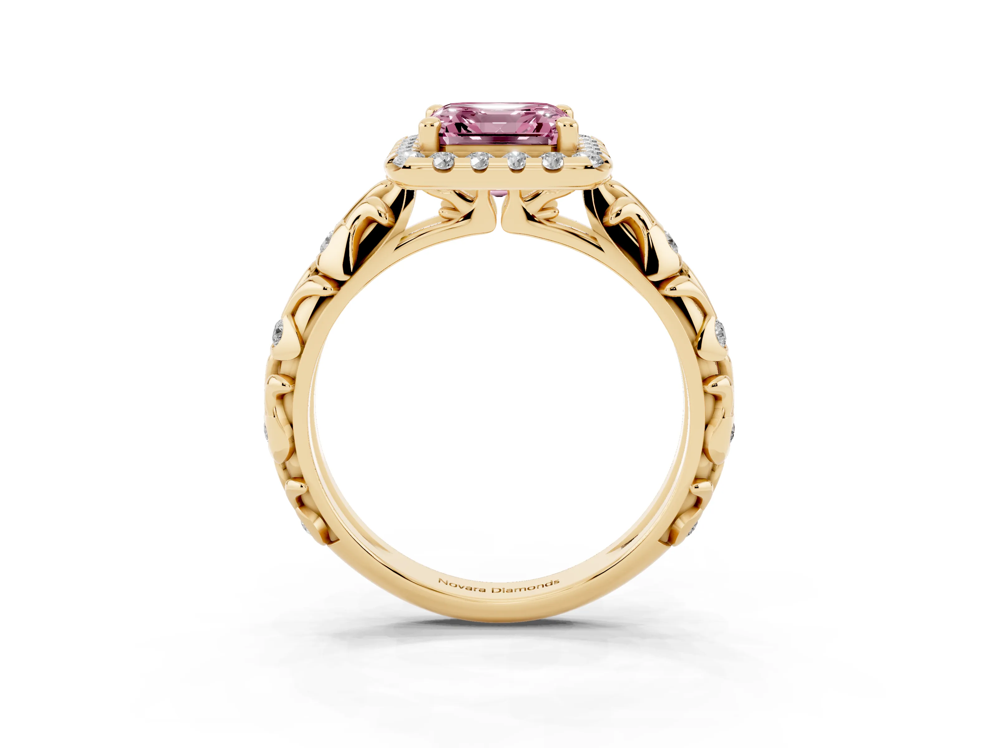 Fancy Pink Asscher Cut Diamond Halo Ring Set in Yellow gold with Filigree Leaf Band and Prong Setting