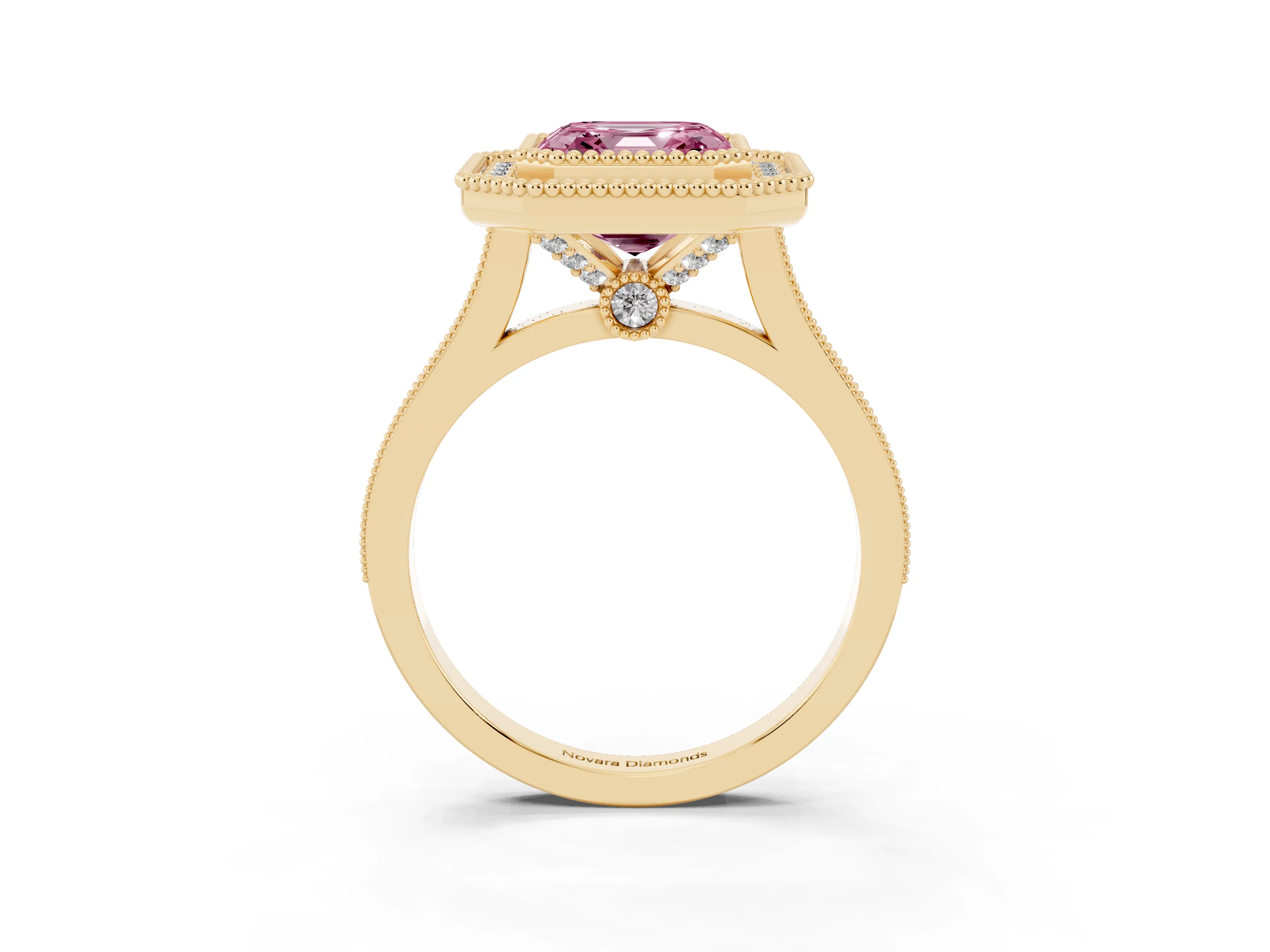 Fancy Pink Asscher Cut Diamond Halo Ring Set in Yellow gold with Milgrain Frame and Pavé Band