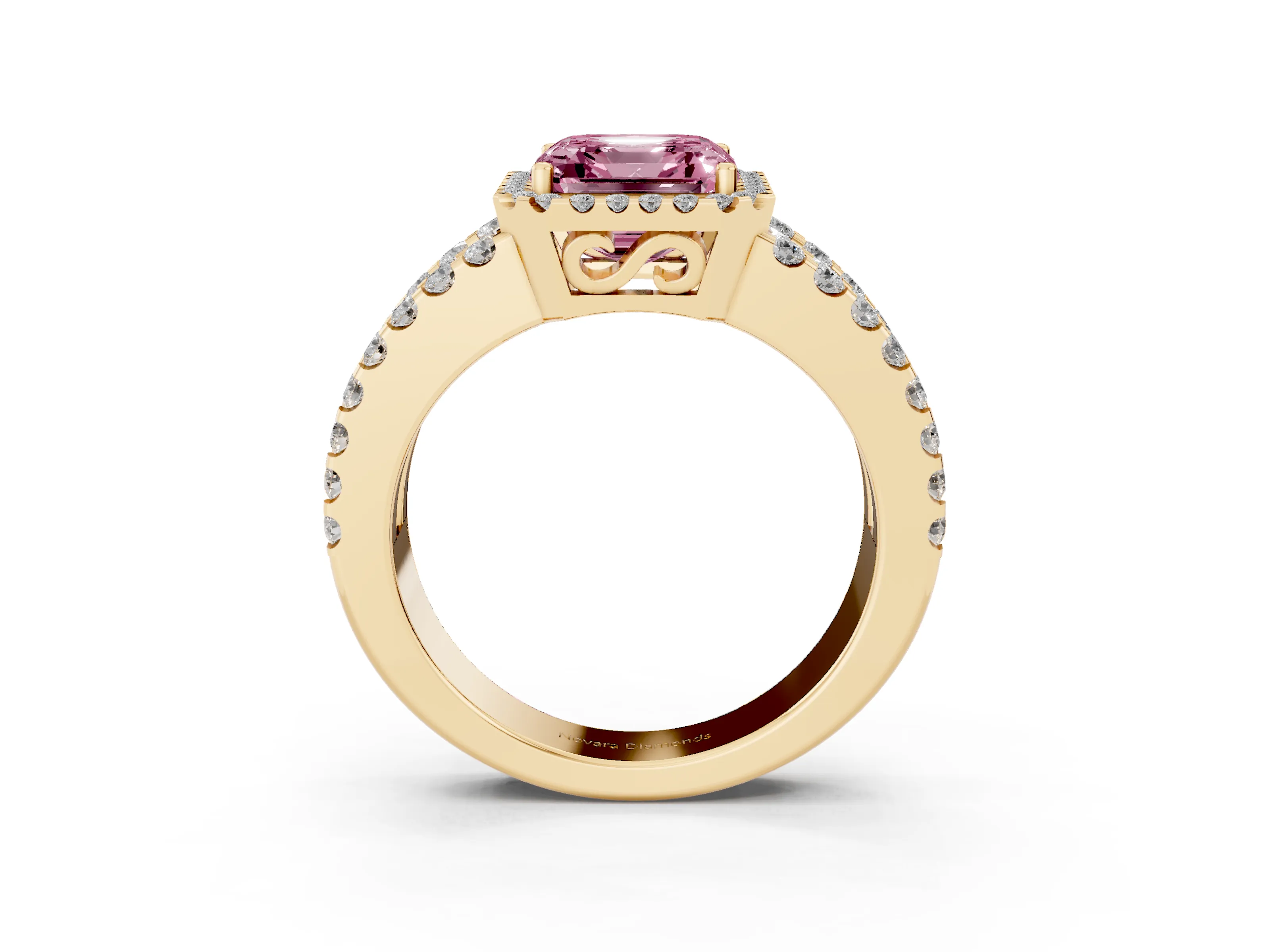 Fancy Pink Asscher Cut Diamond Halo Ring Set in Yellow gold with Pavé Split Shank and Prong Setting