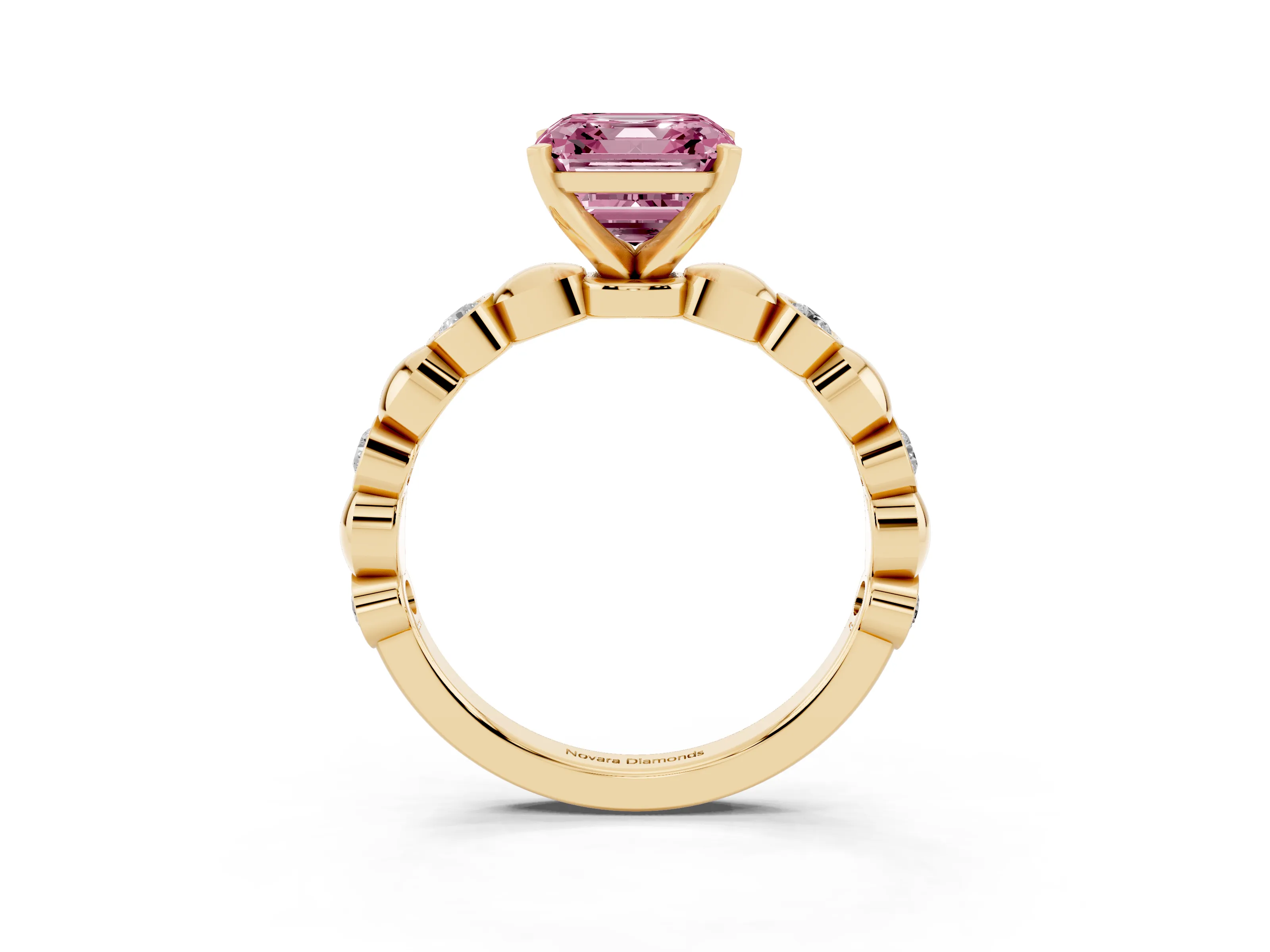 Fancy Pink Asscher Cut Diamond Solitaire Ring Set in Yellow gold with Bezel-Set Accents on Beaded Band and Prong Setting