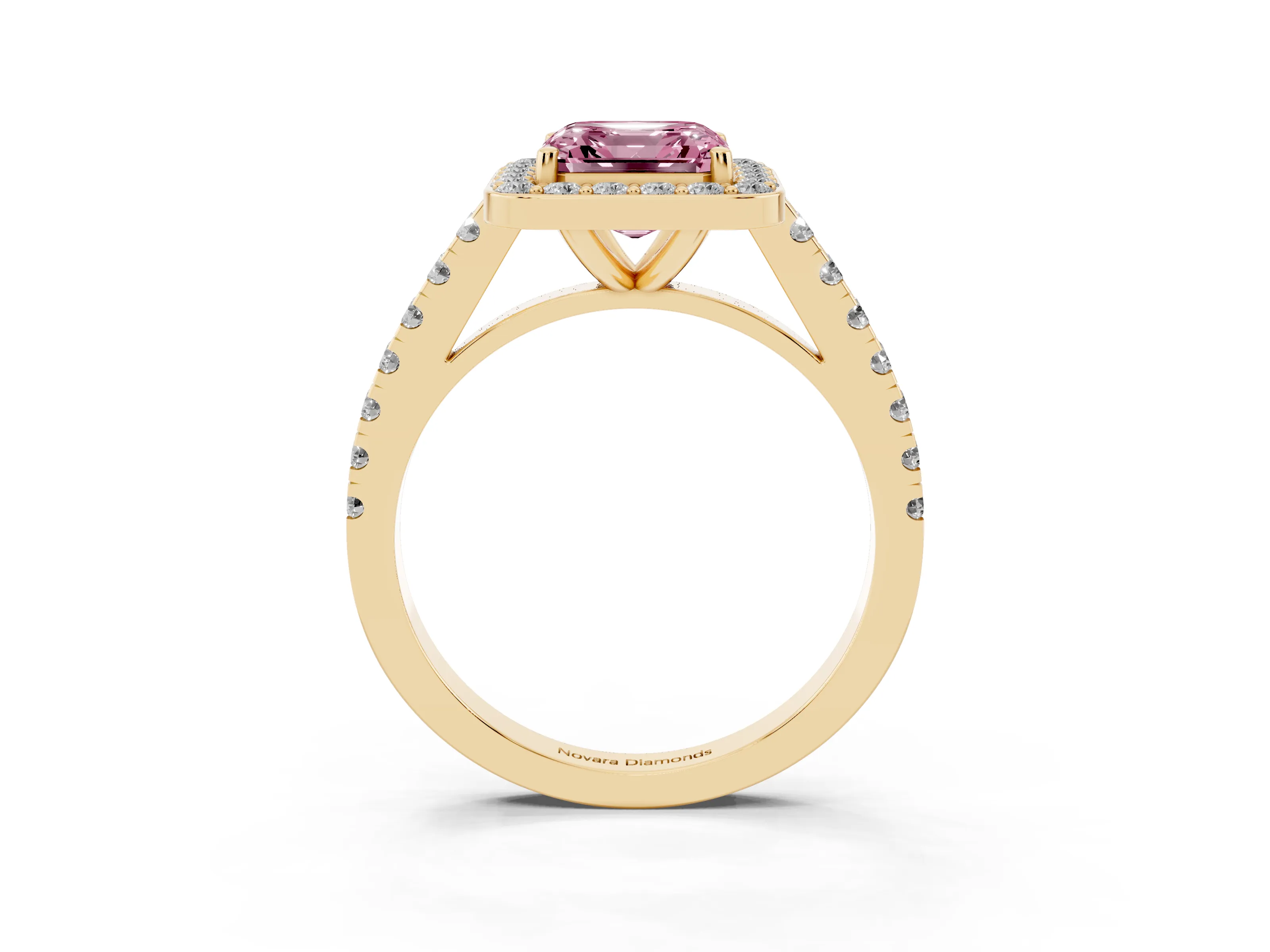 Fancy Pink Asscher Cut Diamond Halo Ring Set in Yellow gold with Round Pavé Split Shank and Prong Setting