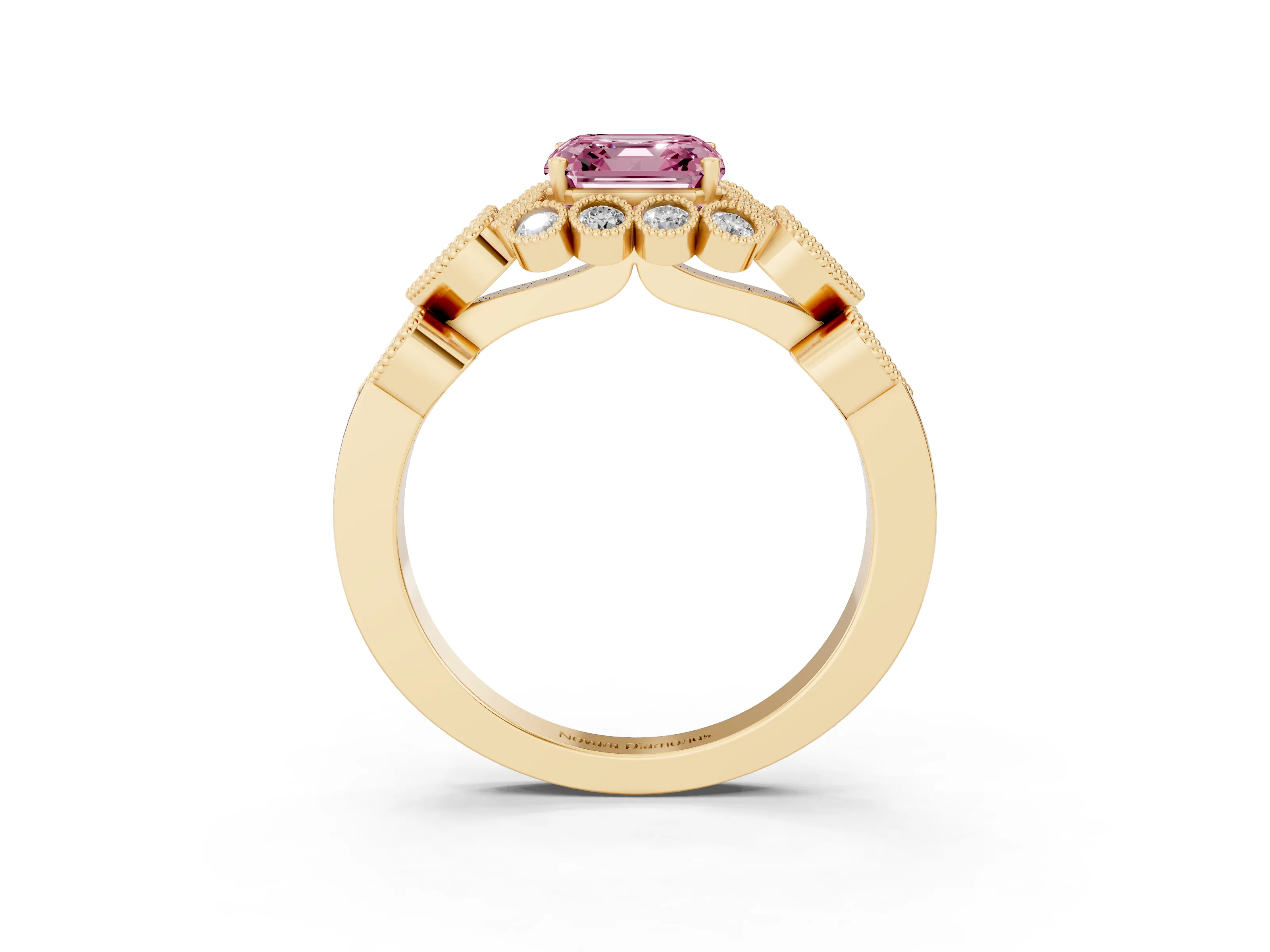 Fancy Pink Asscher Cut Diamond Solitaire Ring Set in Yellow gold with Milgrain Pavé Heart Band