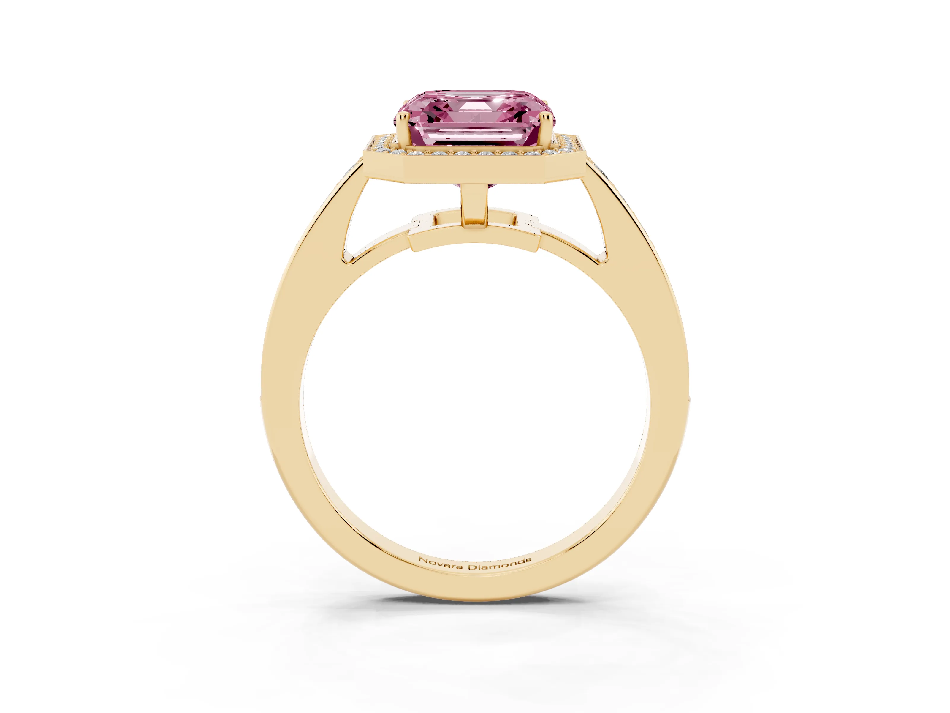 Fancy Pink Asscher Cut Diamond Halo Pavé Engagement Ring Set in Yellow gold with Bezel Setting