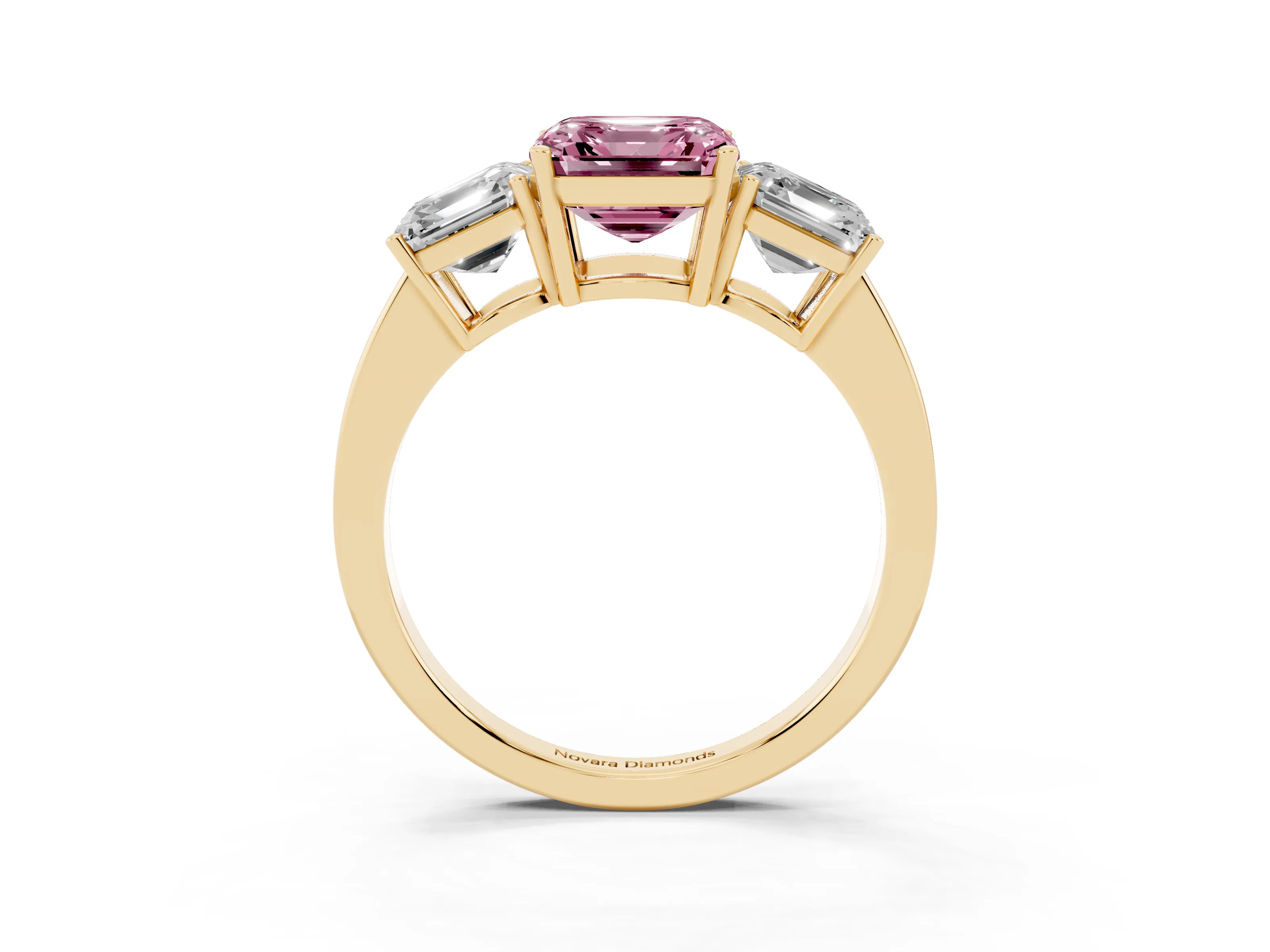 Fancy Pink Asscher Cut Diamond Three-Stone Engagement Ring Set in Yellow gold with Flat Band