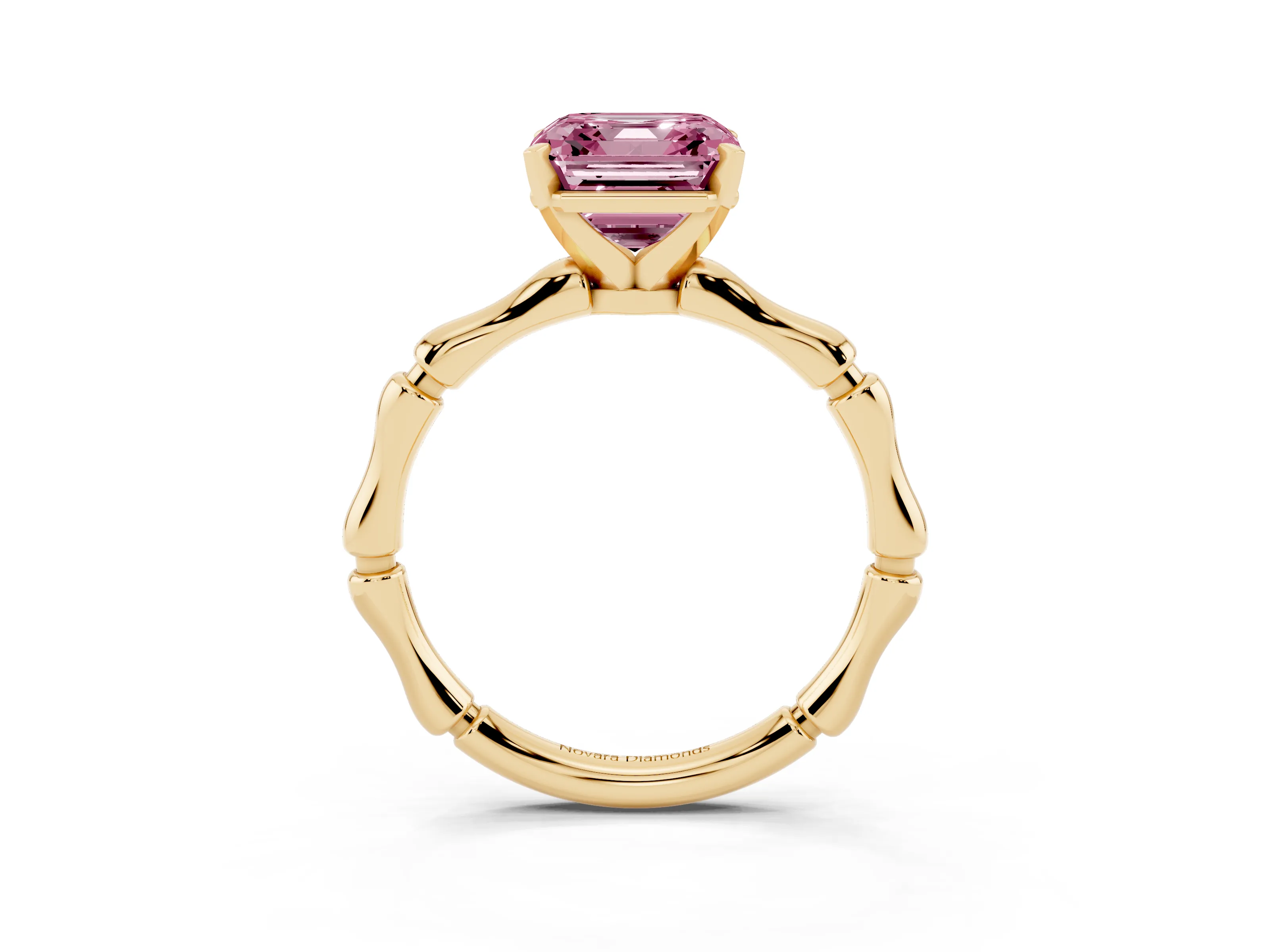 Fancy Pink Asscher Cut Diamond Solitaire Ring Set in Yellow gold with Bamboo Band and Prong Setting