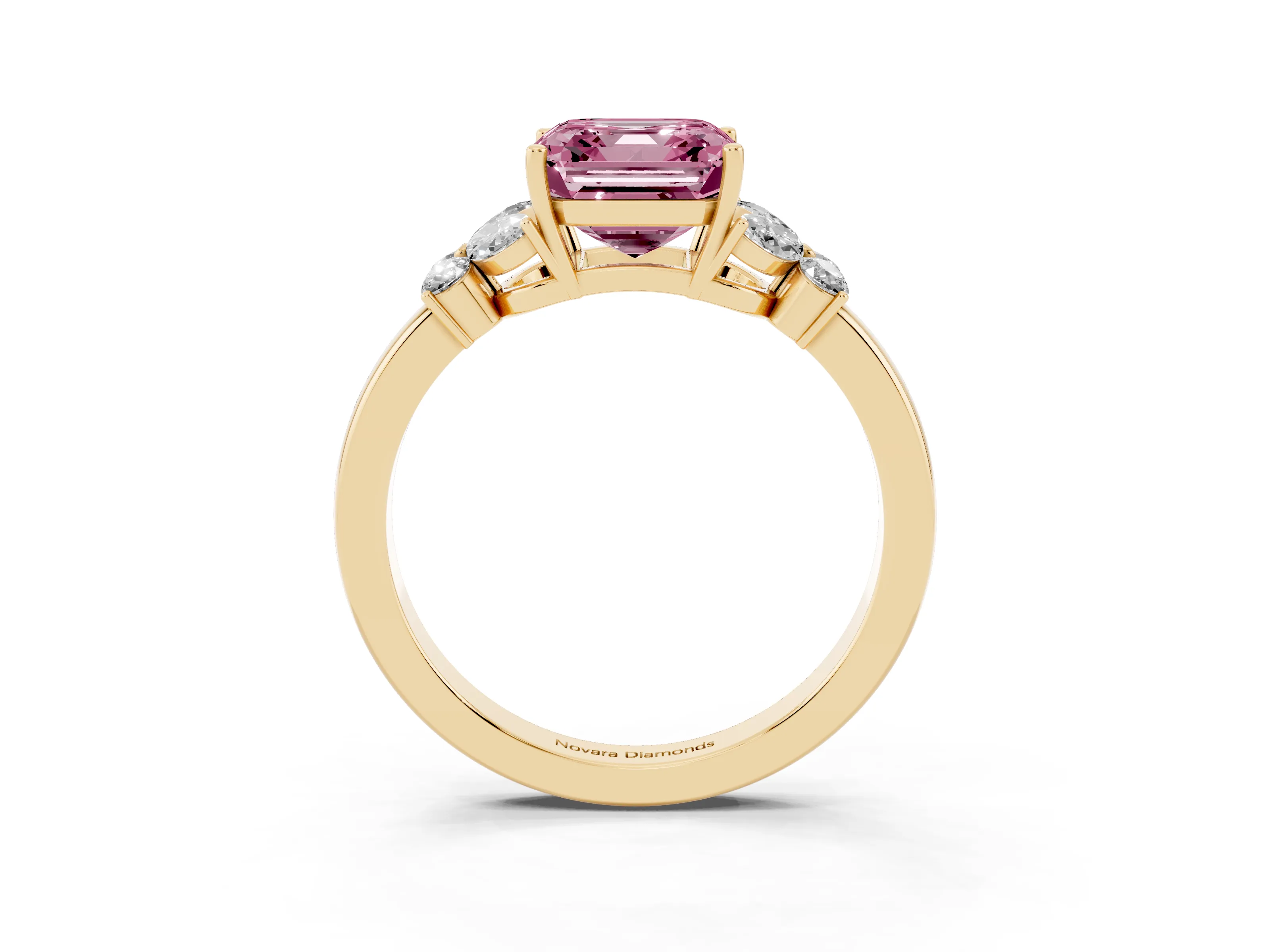 Fancy Pink Asscher Cut Diamond Solitaire Floral Ring Set in Yellow gold with Marquise Petals and Prong Setting