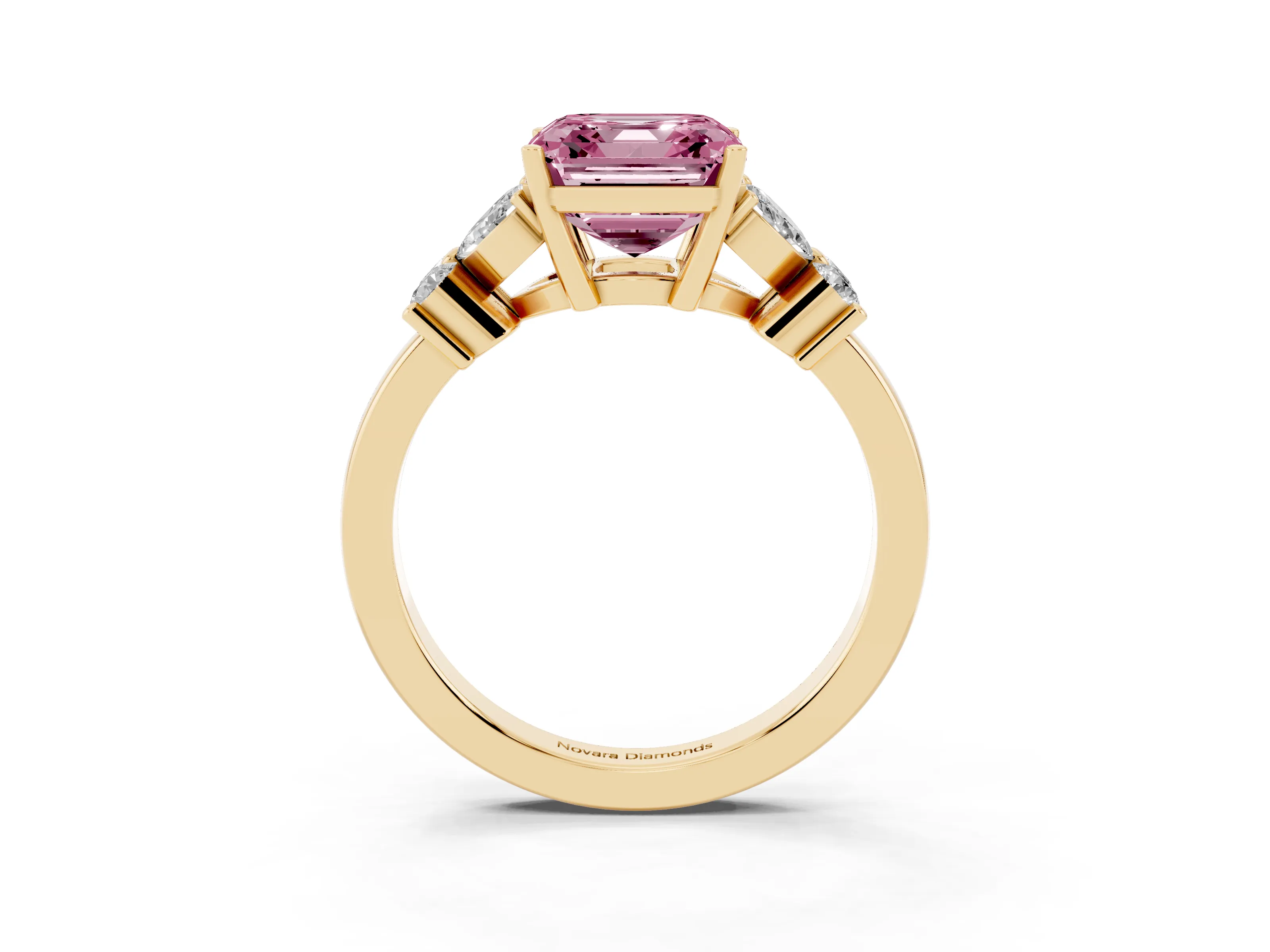 Fancy Pink Asscher Cut Diamond Floral Cluster Ring Set in Yellow gold with Marquise Petals and Prong Setting