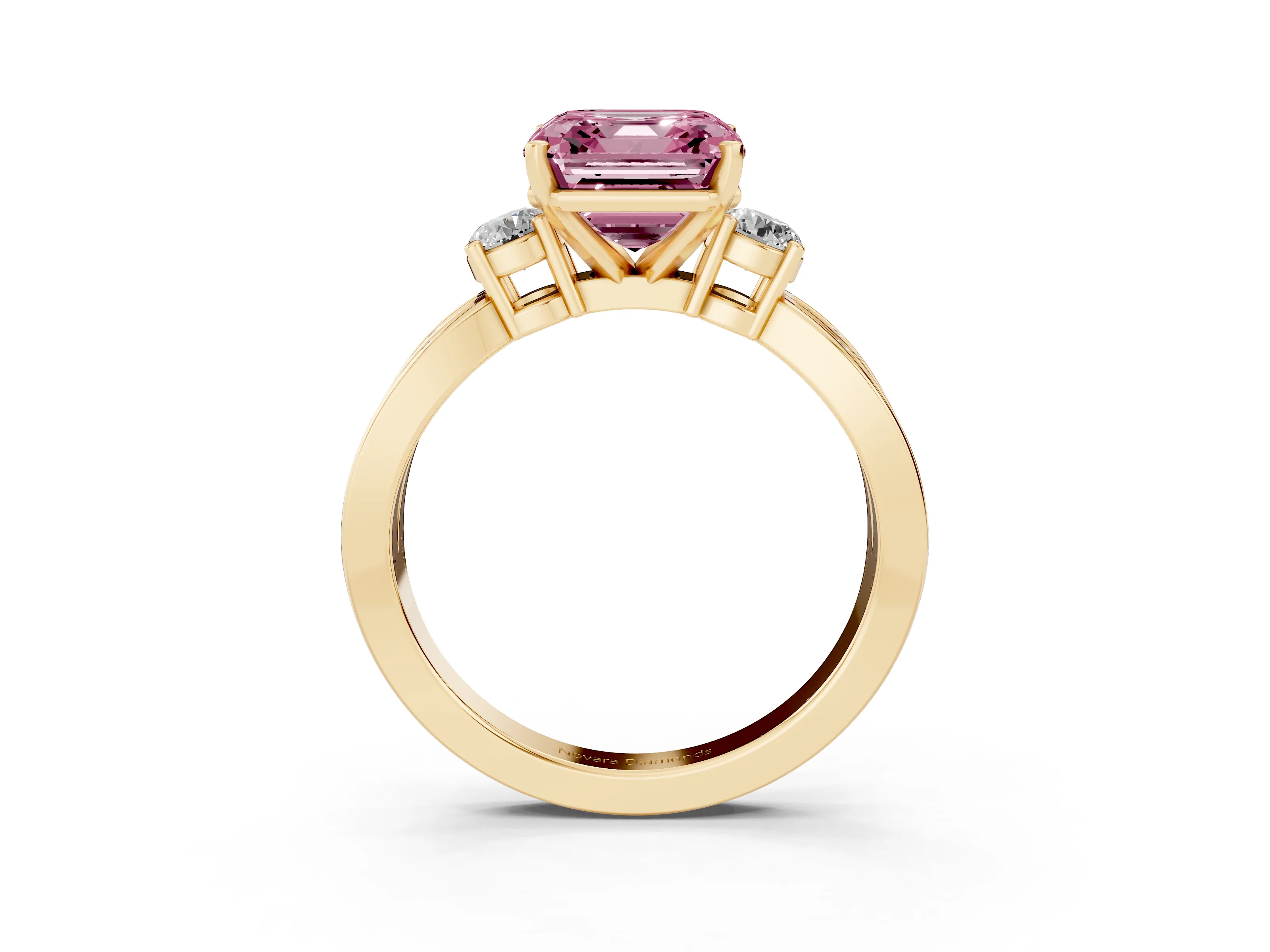Fancy Pink Three-Stone Asscher Cut Diamond Twist Band Ring Set in Yellow gold with Pavé Accents and Prong Setting