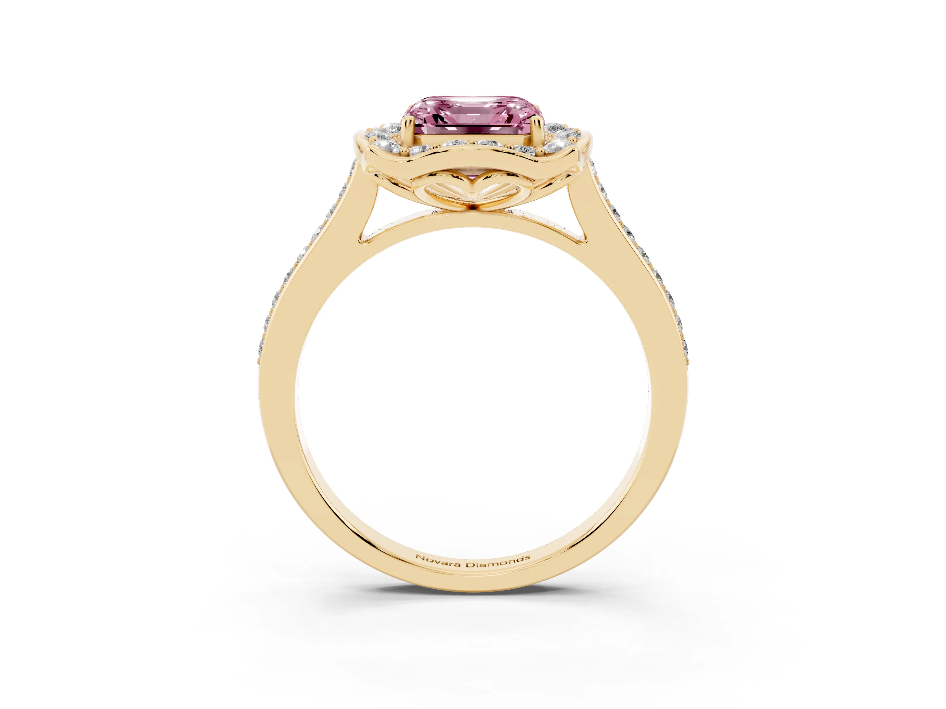 Fancy Pink Asscher Cut Diamond Halo Ring Set in Yellow gold with Pavé-Lined Shoulders and Prong Setting