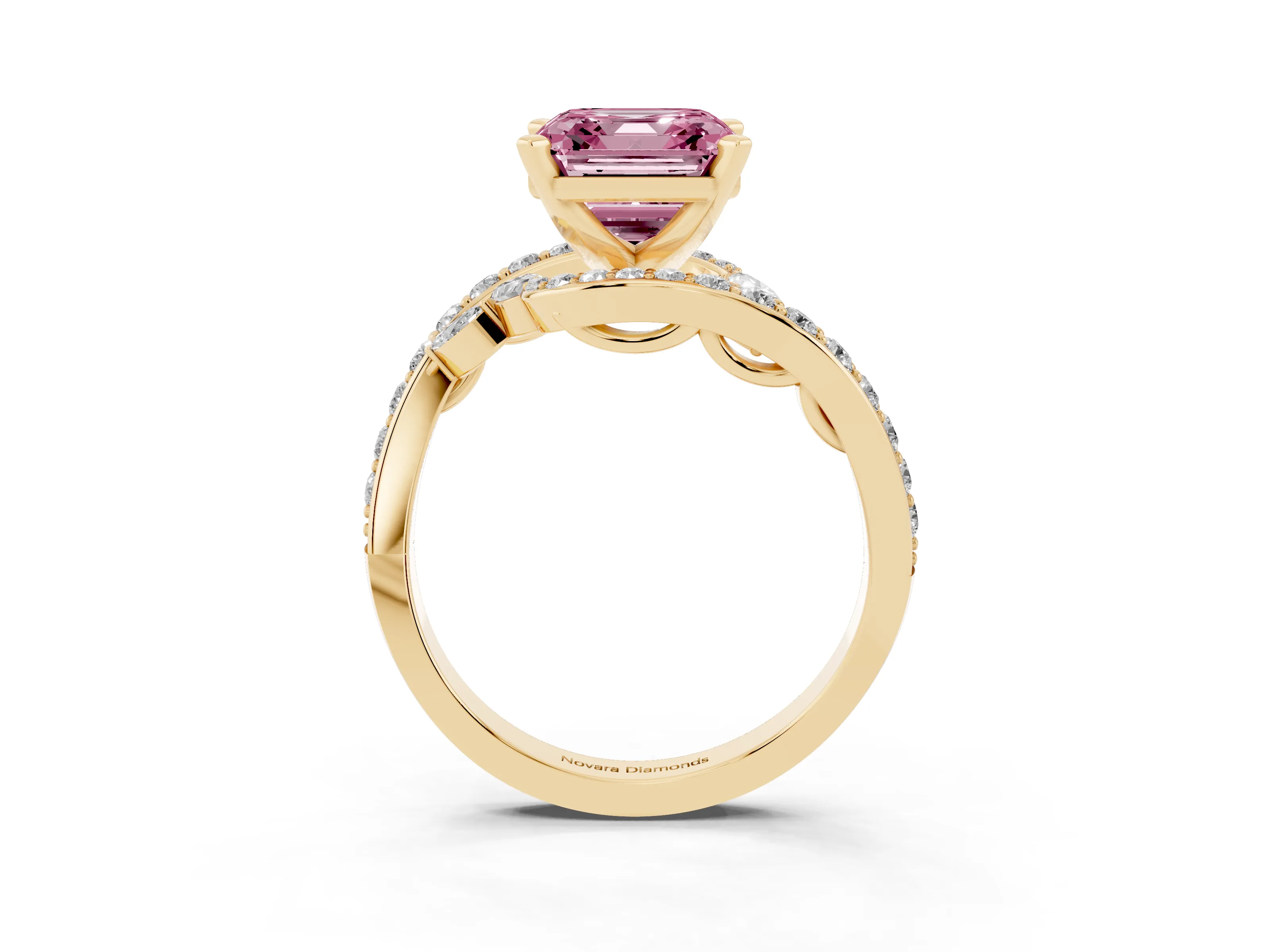 Fancy Pink Asscher Cut Diamond Solitaire Ring Set in Yellow gold with Pavé Twist Band and Secure Prong Setting