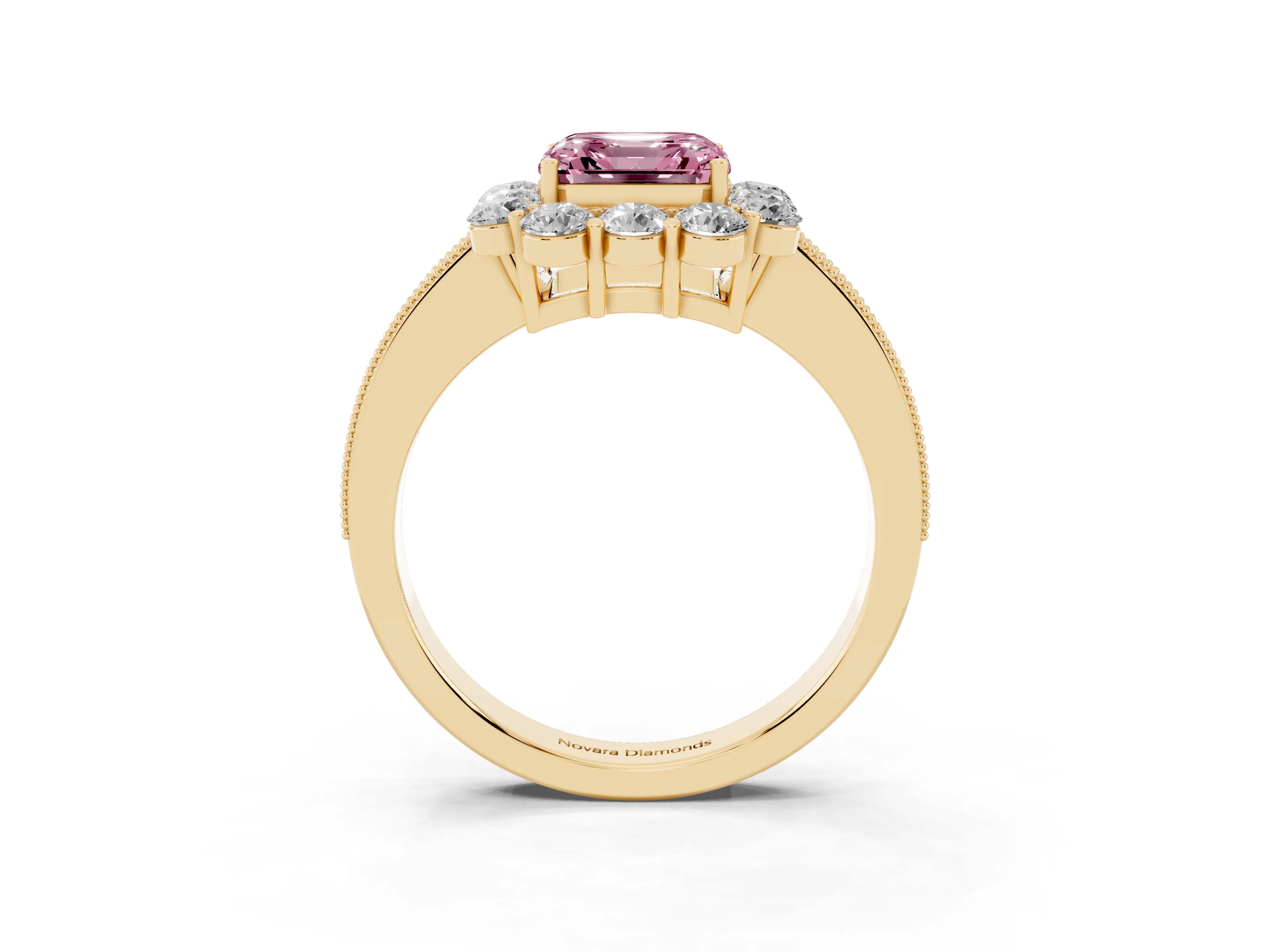 Fancy Pink Asscher Cut Diamond Halo Pavé Engagement Ring Set in Yellow gold with Milgrain Detailing