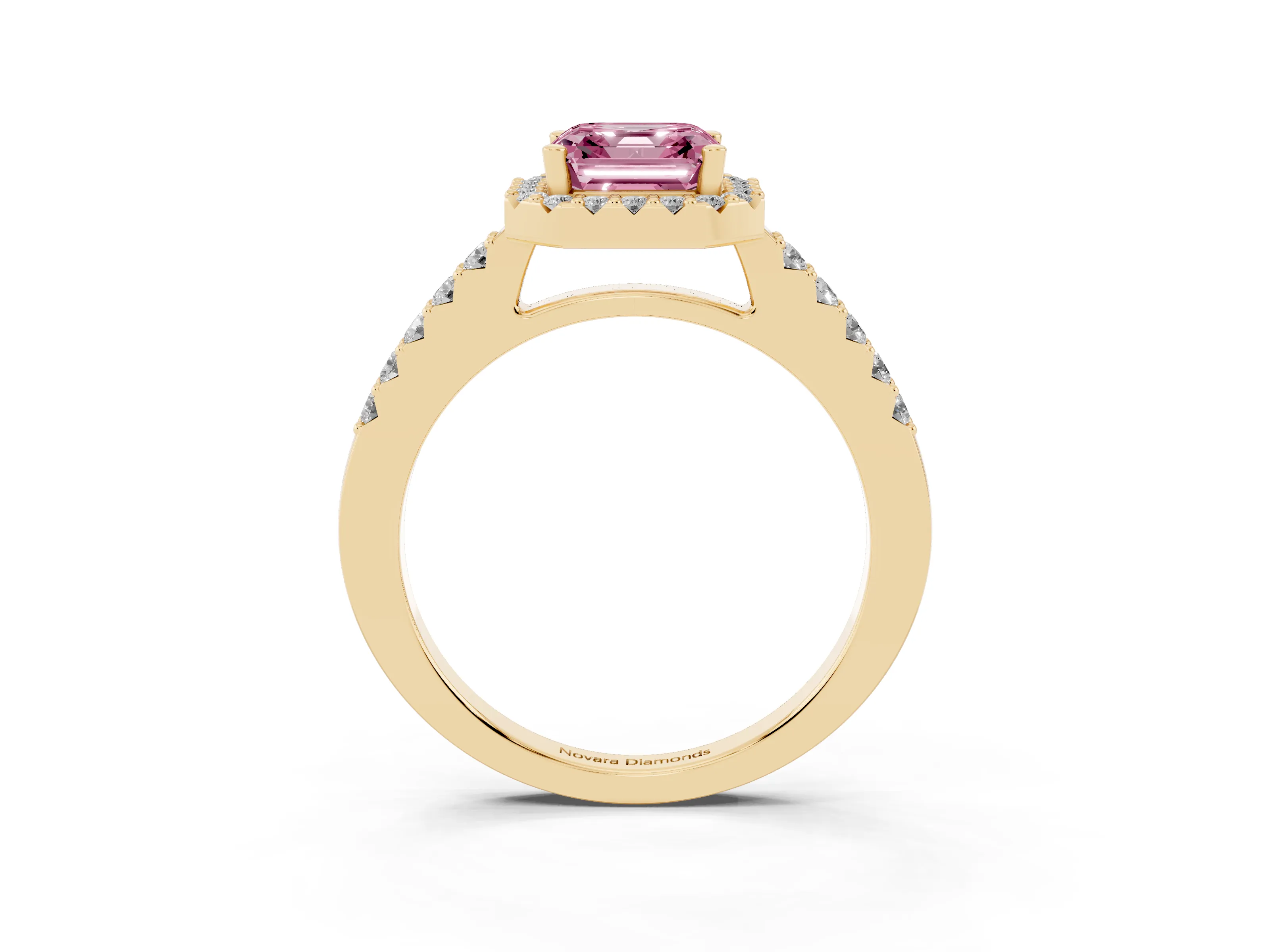 Fancy Pink Asscher Cut Diamond Halo Pavé Solitaire Ring Set in Yellow gold with Prong-Set Center Stone