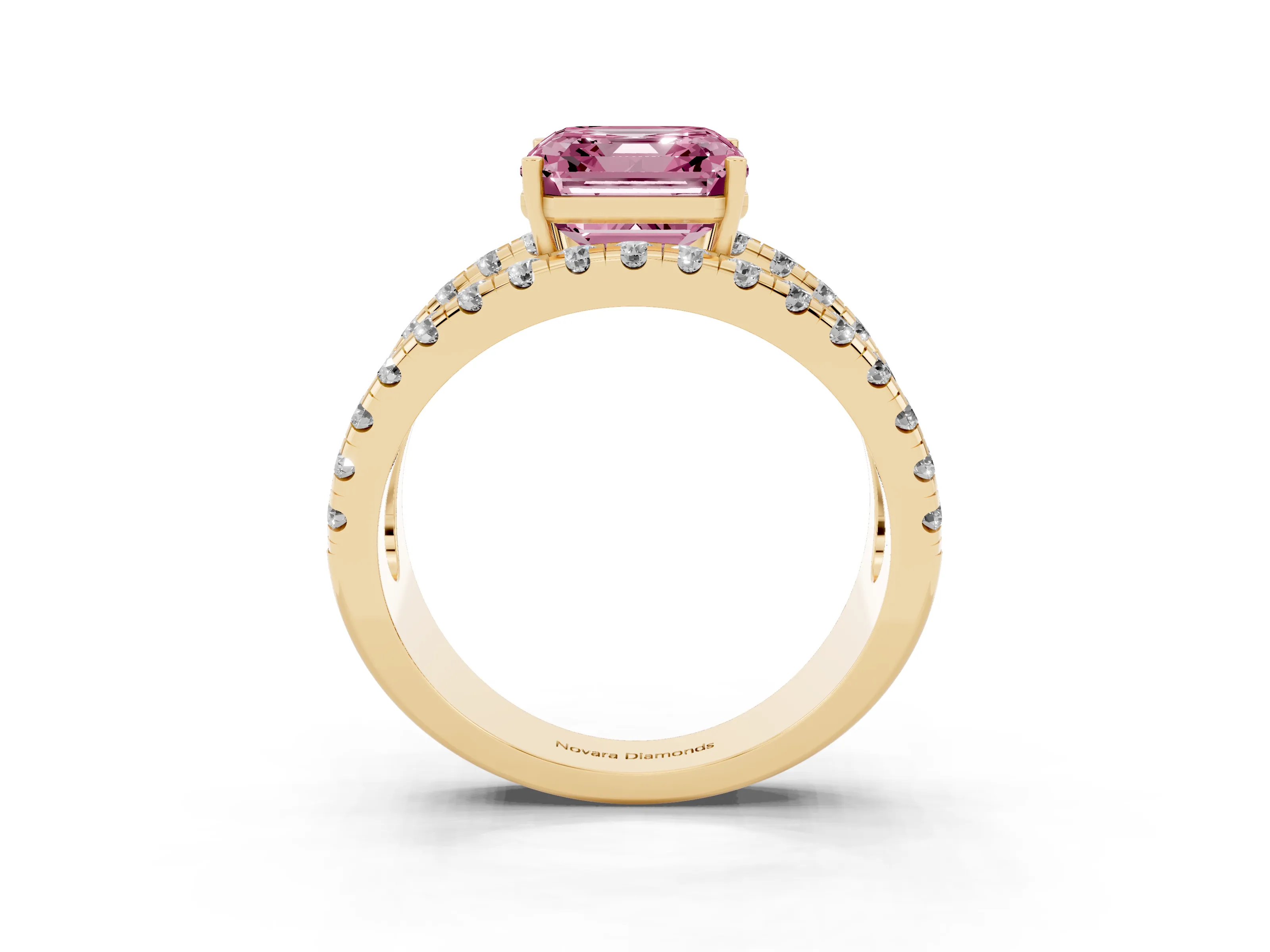 Fancy Pink Asscher Cut Diamond Split Shank Pavé Solitaire Ring Set in Yellow gold with Open Shank Design