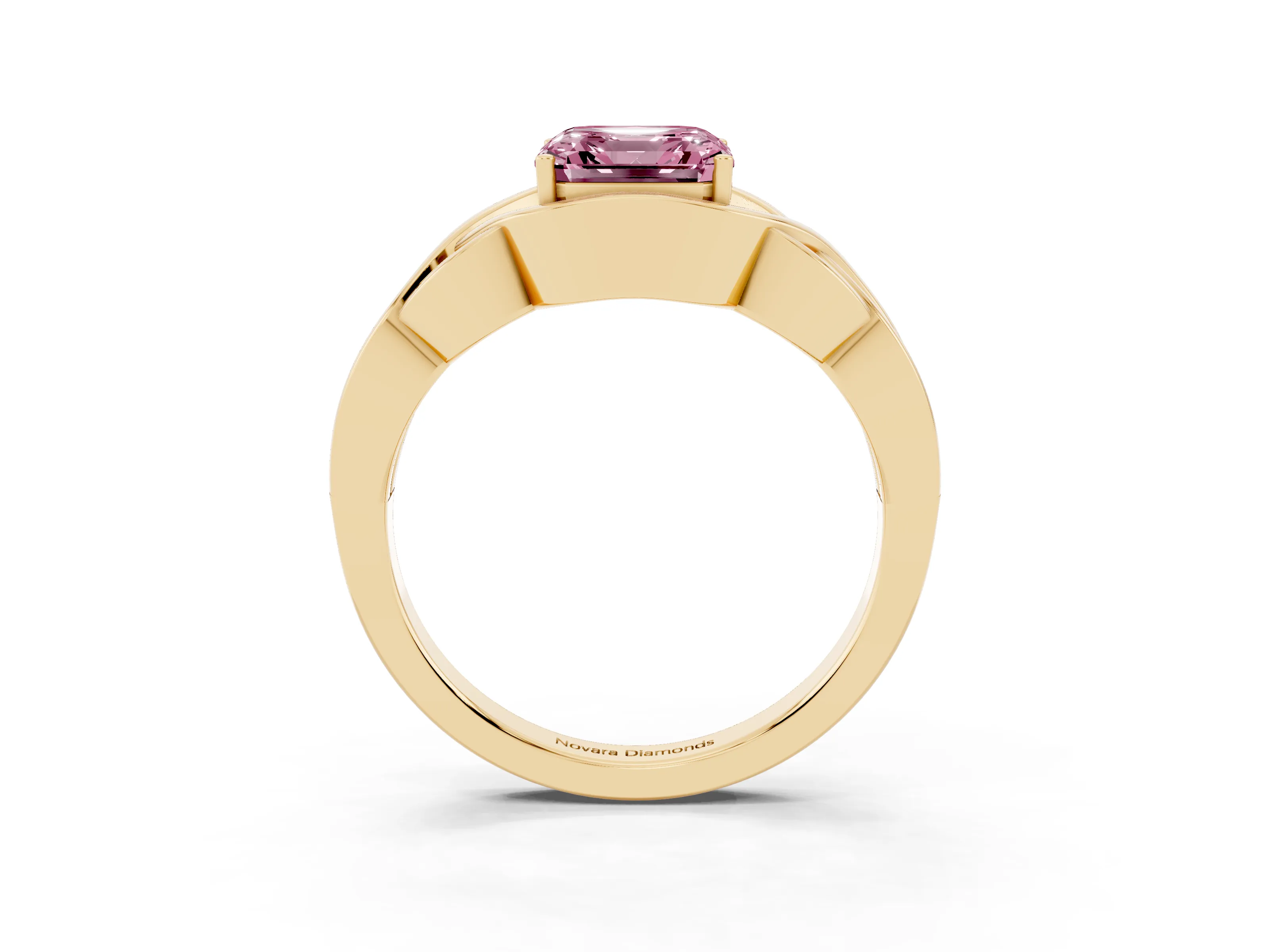 Fancy Pink Asscher Cut Diamond Solitaire Ring Set in Yellow gold with Intertwined Band