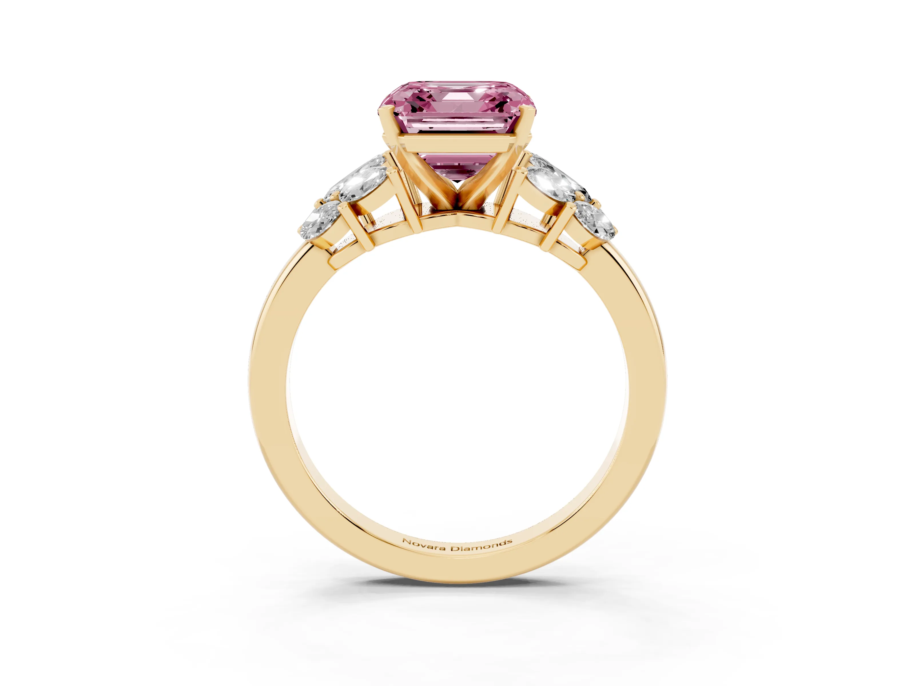 Fancy Pink Asscher Cut Diamond Cluster Leaf Design Ring Set in Yellow gold with Prong Setting