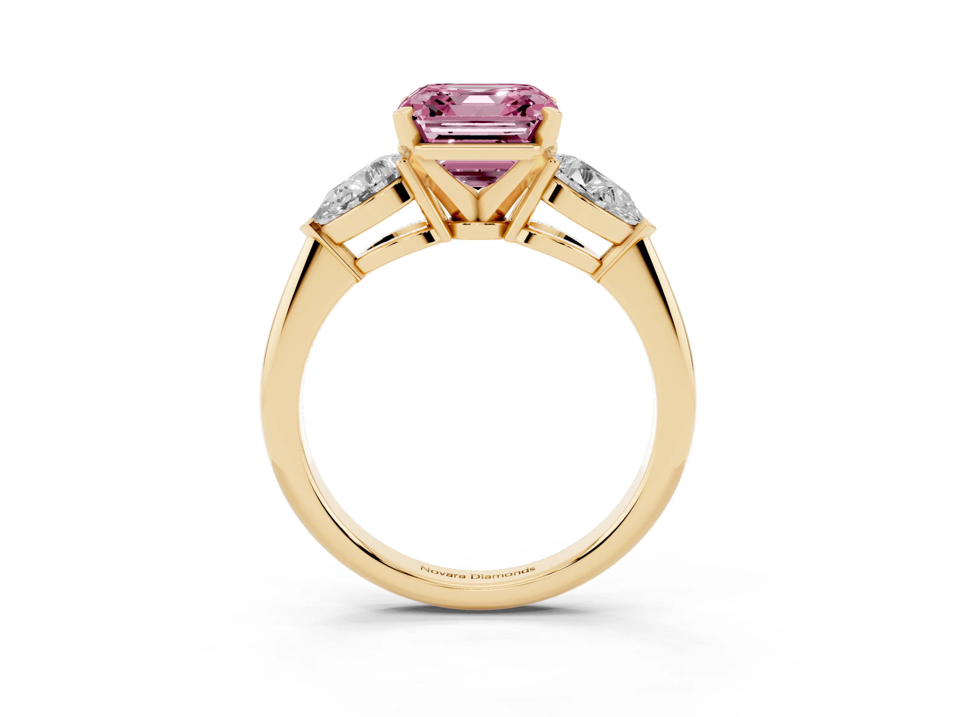 Fancy Pink Three-Stone Asscher Cut Diamond Ring Set in Yellow gold with Pear Side Stones and Prong Setting