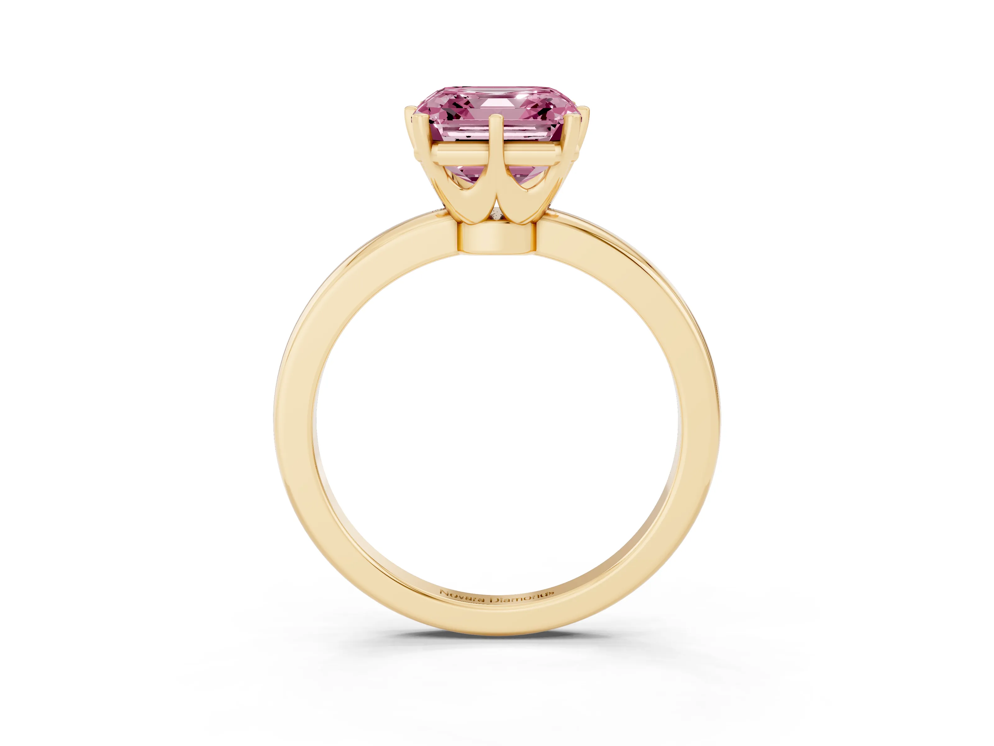 Fancy Pink Asscher Cut Diamond Solitaire Ring Set in Yellow gold with Raised Prong Setting on a Classic Band