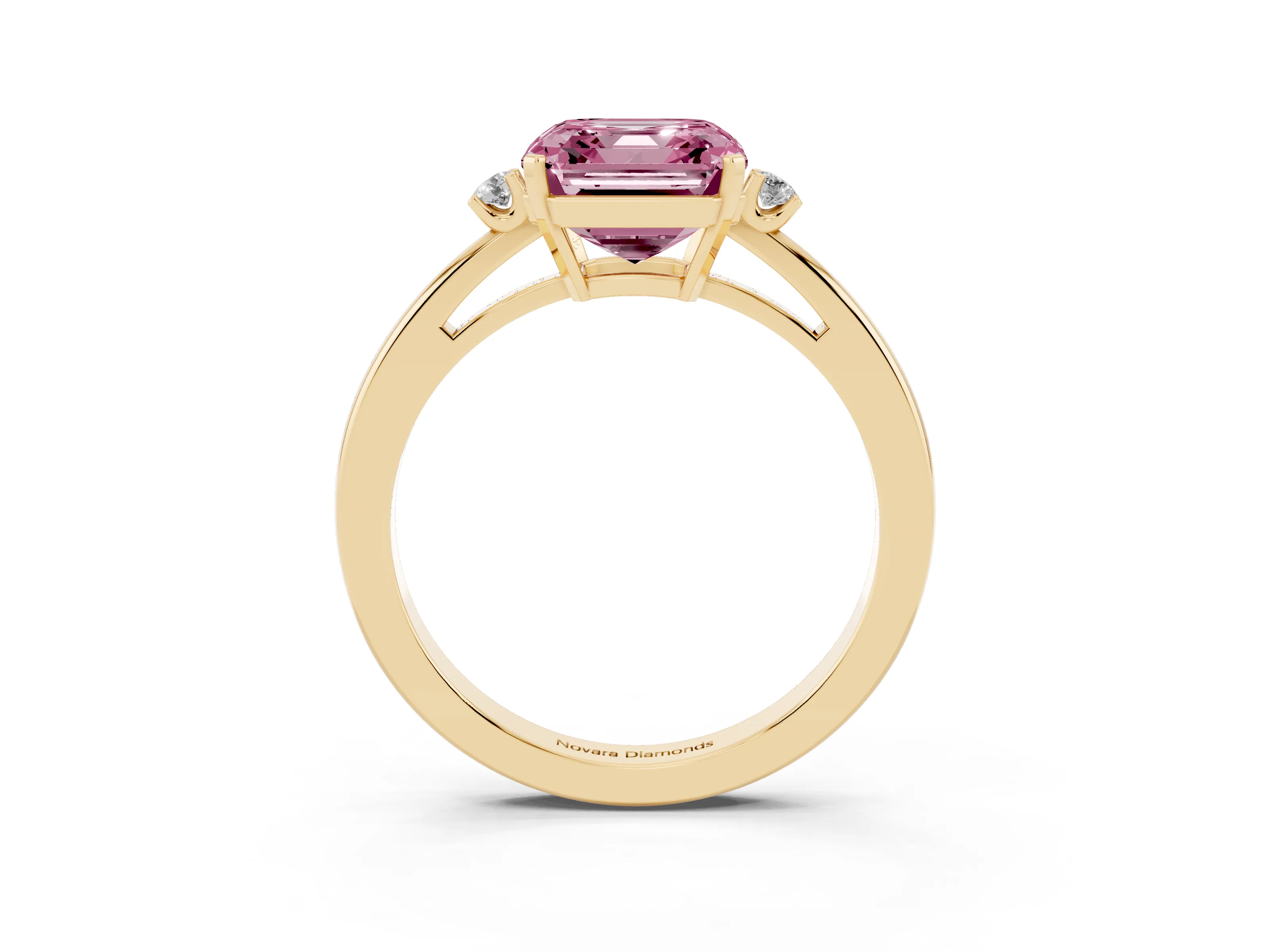 Fancy Pink Three-Stone Asscher Cut Diamond Solitaire Ring Set in Yellow gold with Round Accent Stones and Prong Setting