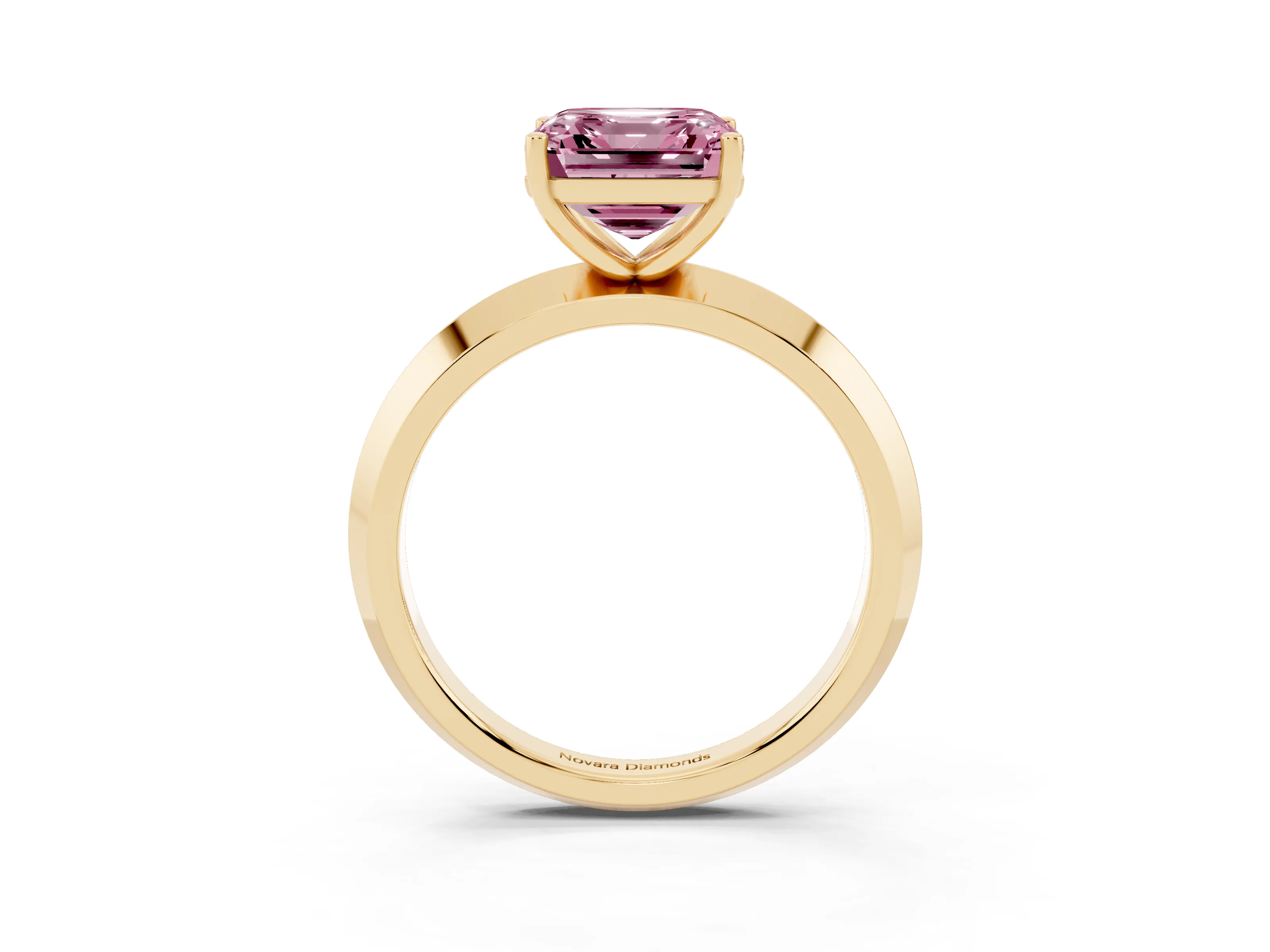 Fancy Pink Asscher Cut Diamond Solitaire Engagement Ring Set in Yellow gold with Flat Band and Prong Setting