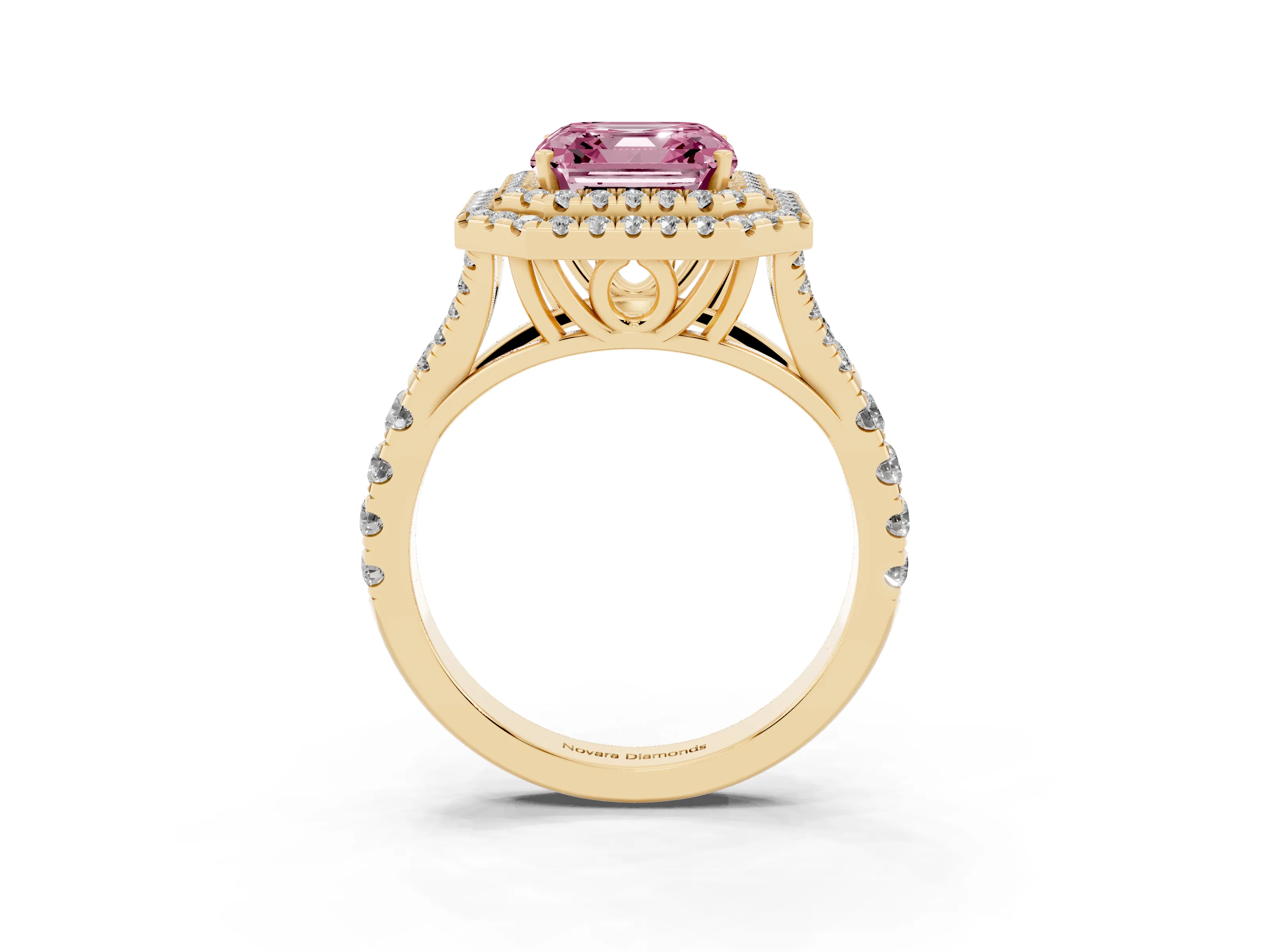 Fancy Pink Asscher Cut Diamond Pavé Split Shank Double Halo Engagement Ring Set in Yellow gold