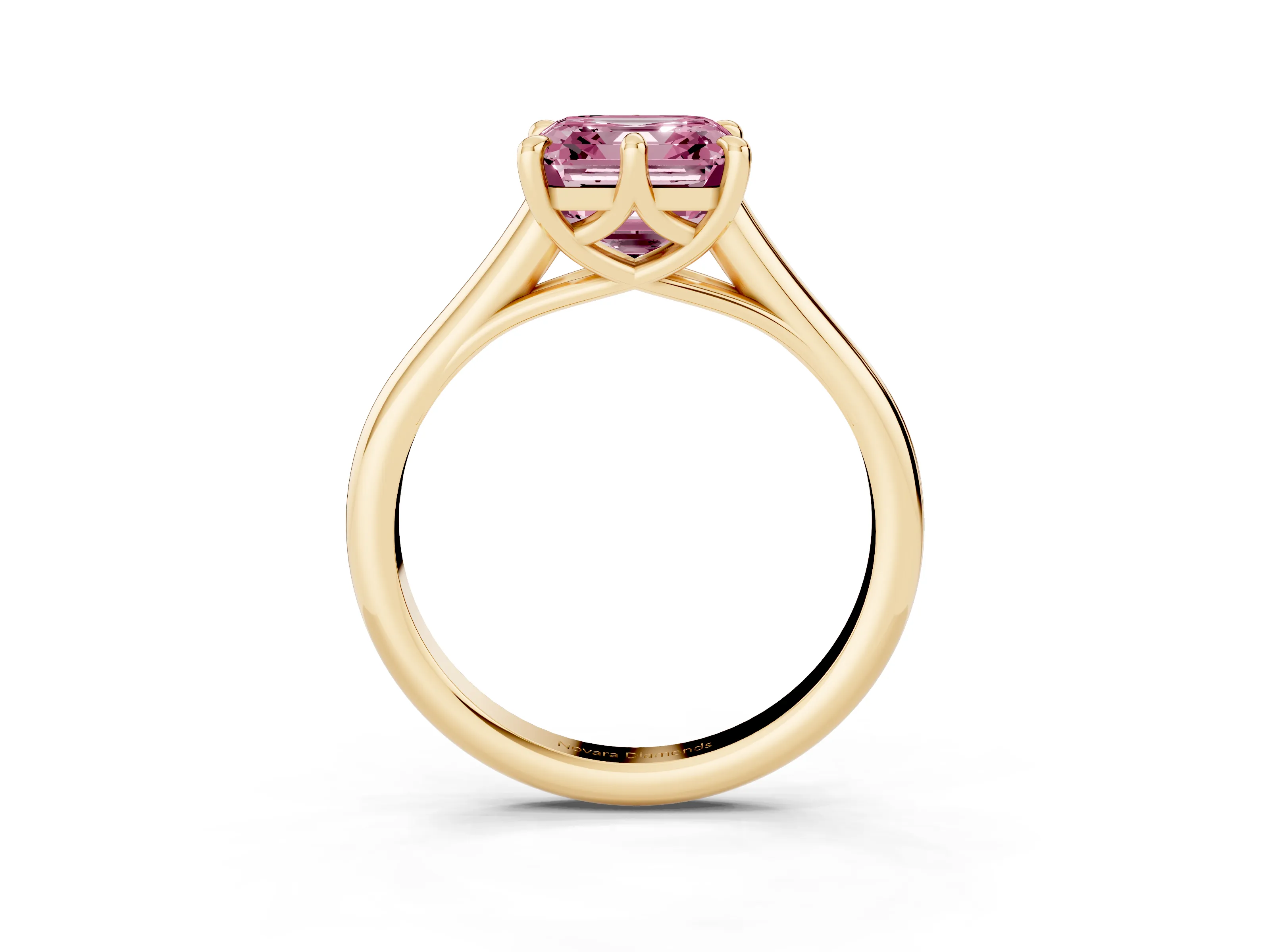 Fancy Pink Asscher Cut Diamond Solitaire Engagement Ring Set in Yellow gold with Prong Setting and Plain Classic Band