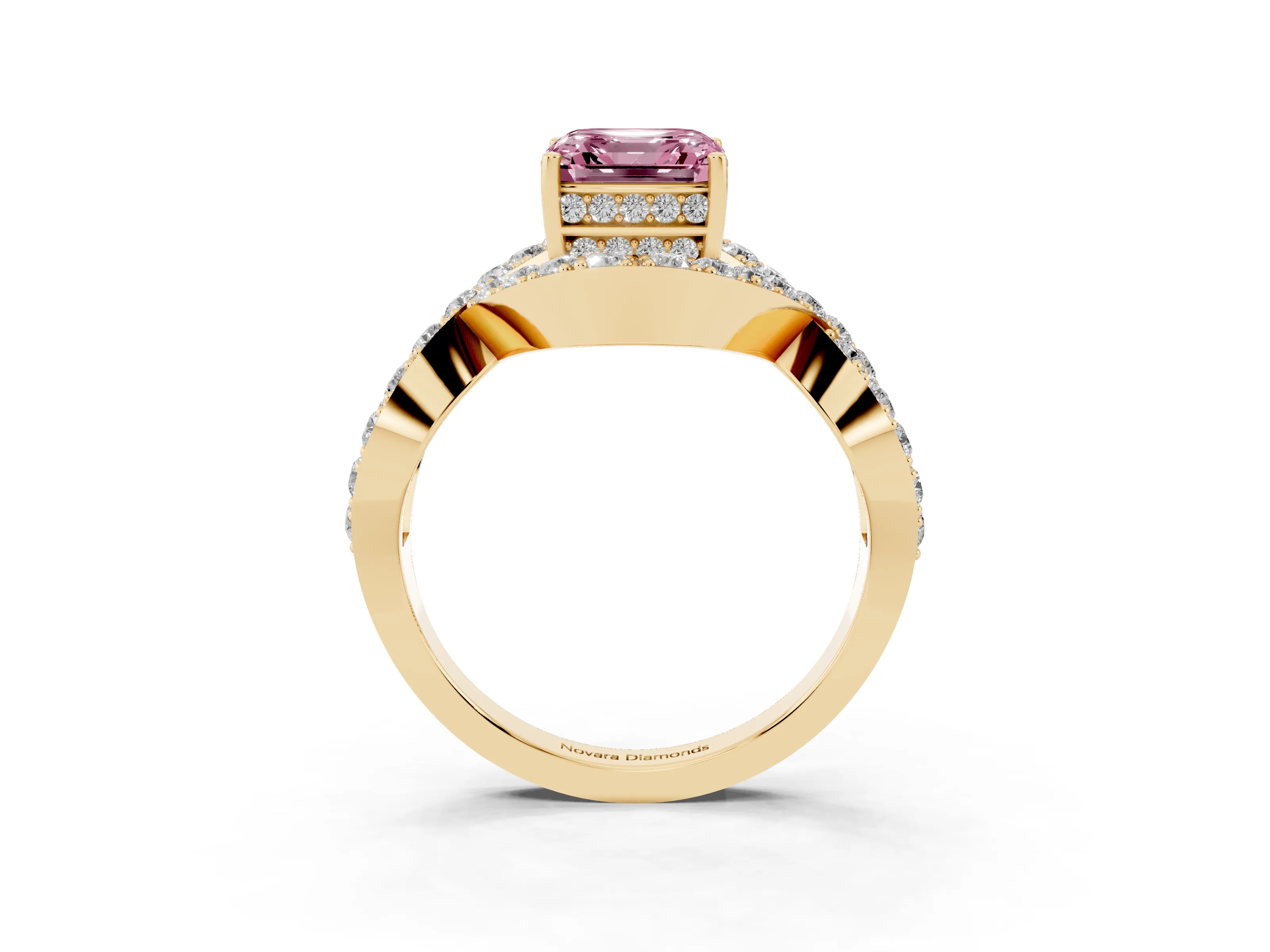 Fancy Pink Asscher Cut Diamond Solitaire Twist Band Pavé Engagement Ring Set in Yellow gold