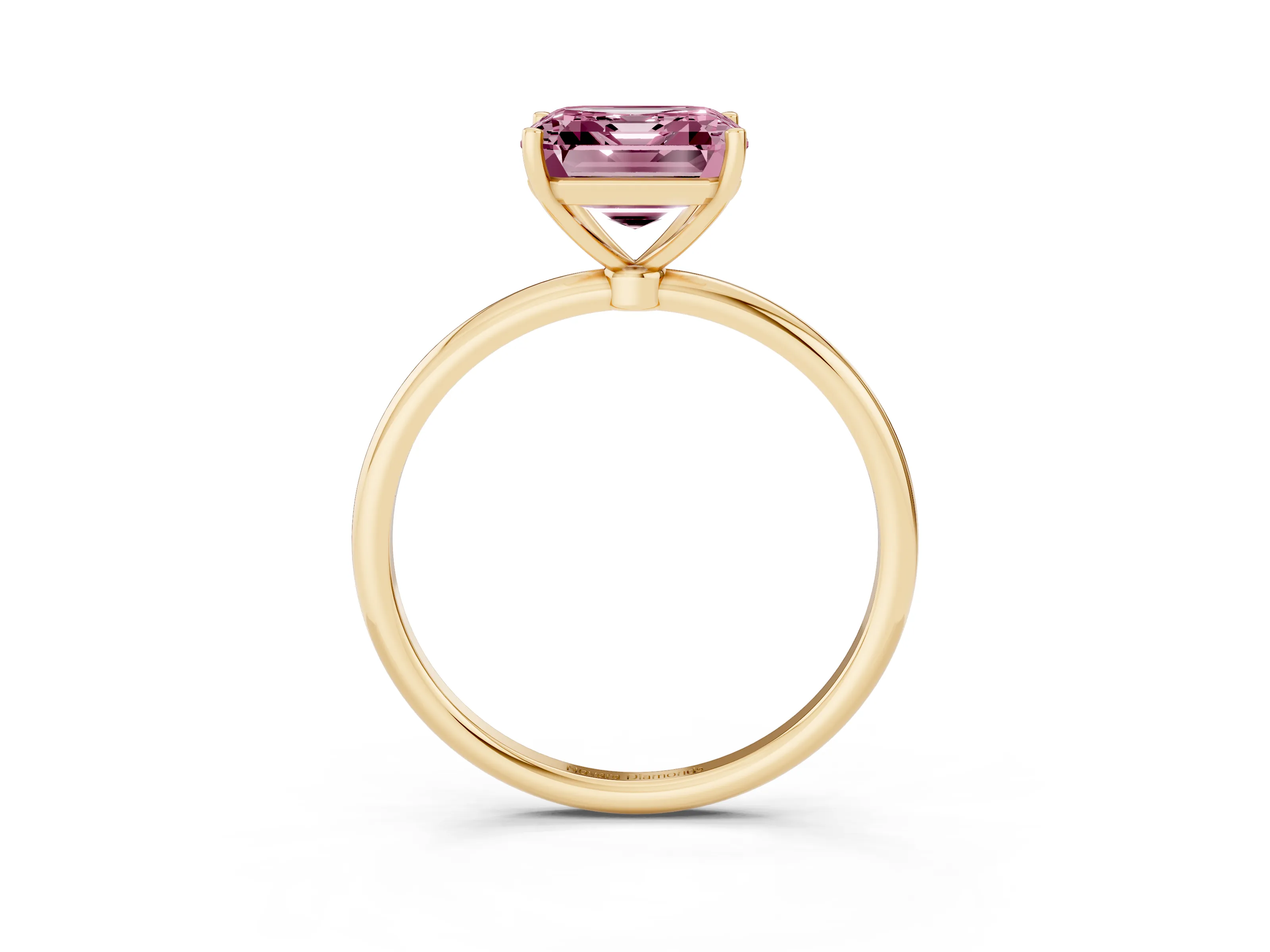 Fancy Pink Asscher Cut Diamond Solitaire Engagement Ring Set in Yellow gold with Thin Band and Prong Setting