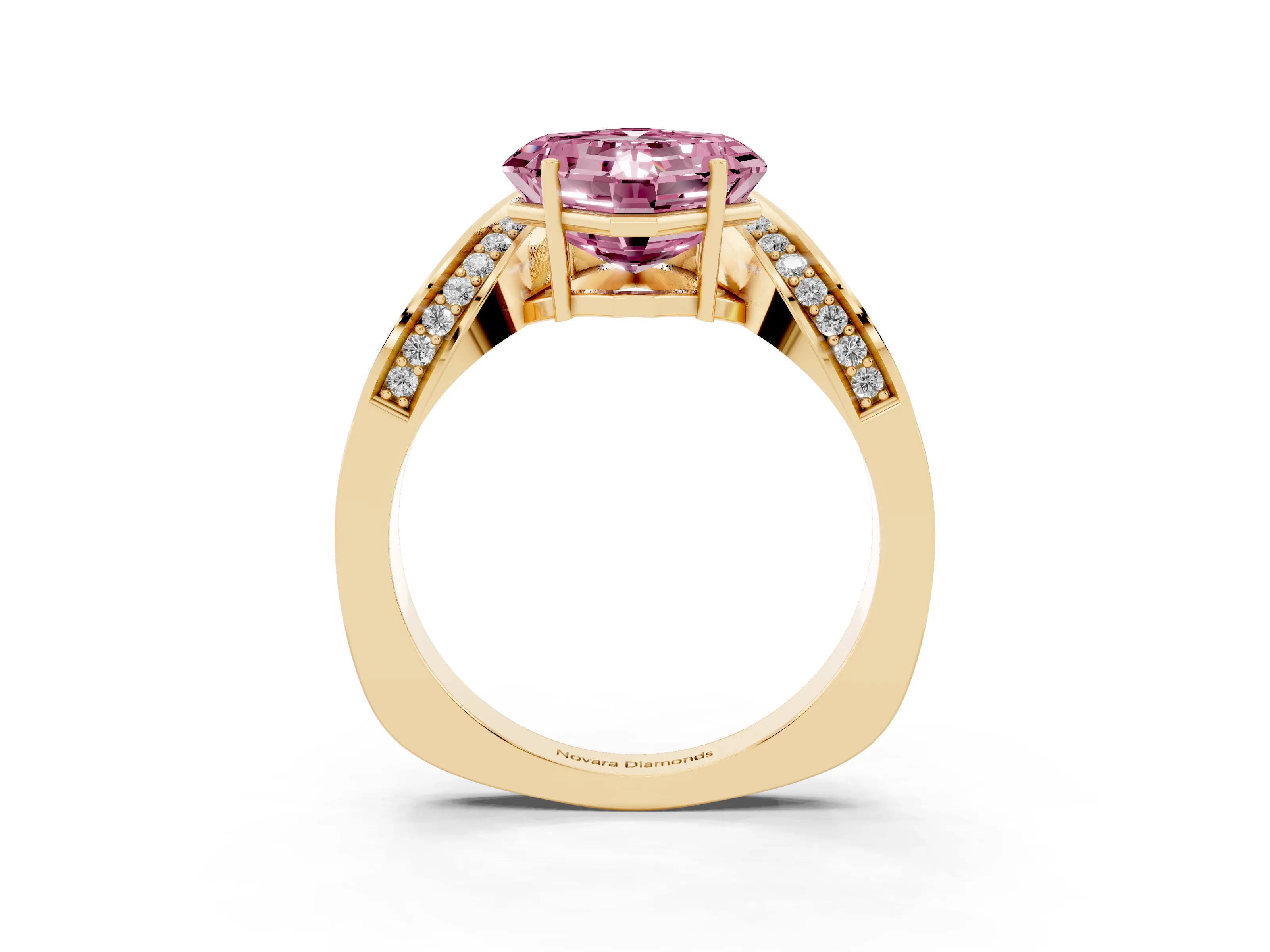 Fancy Pink Asscher Cut Diamond Solitaire Engagement Ring Set in Yellow gold with Pavé Shoulders