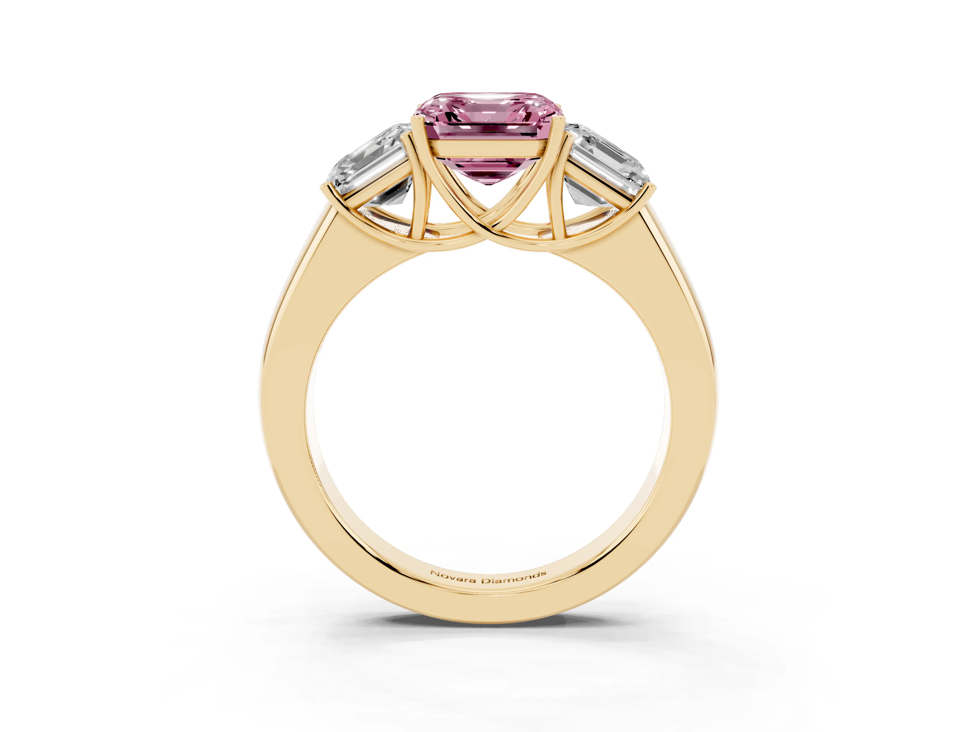 Fancy Pink Three-Stone Asscher Cut Diamond Ring Set in Yellow gold with Matching Prong Settings and Plain Band