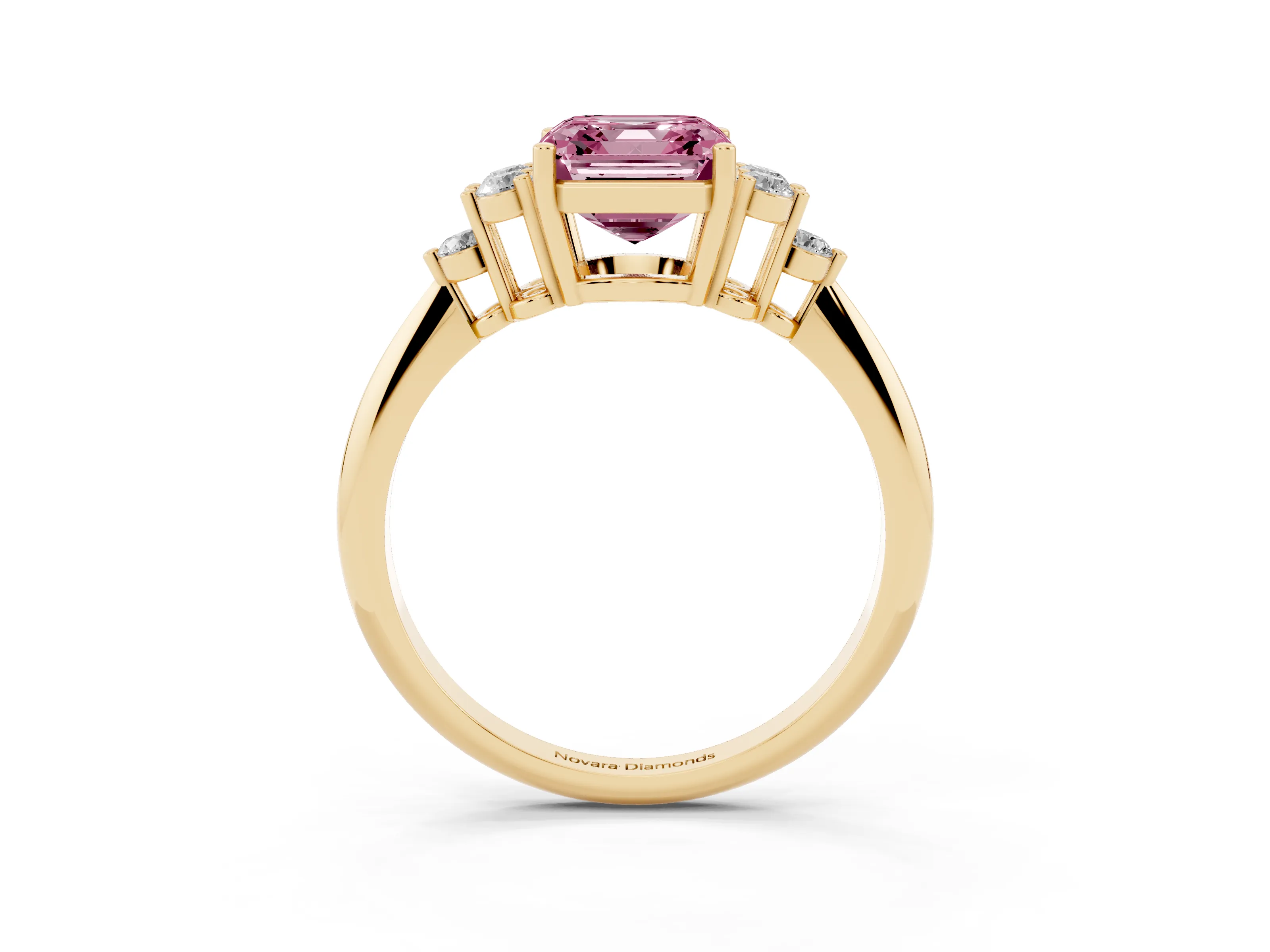 Fancy Pink Asscher Cut Diamond Cluster Ring Set in Yellow gold with Plain Band and Prong Setting