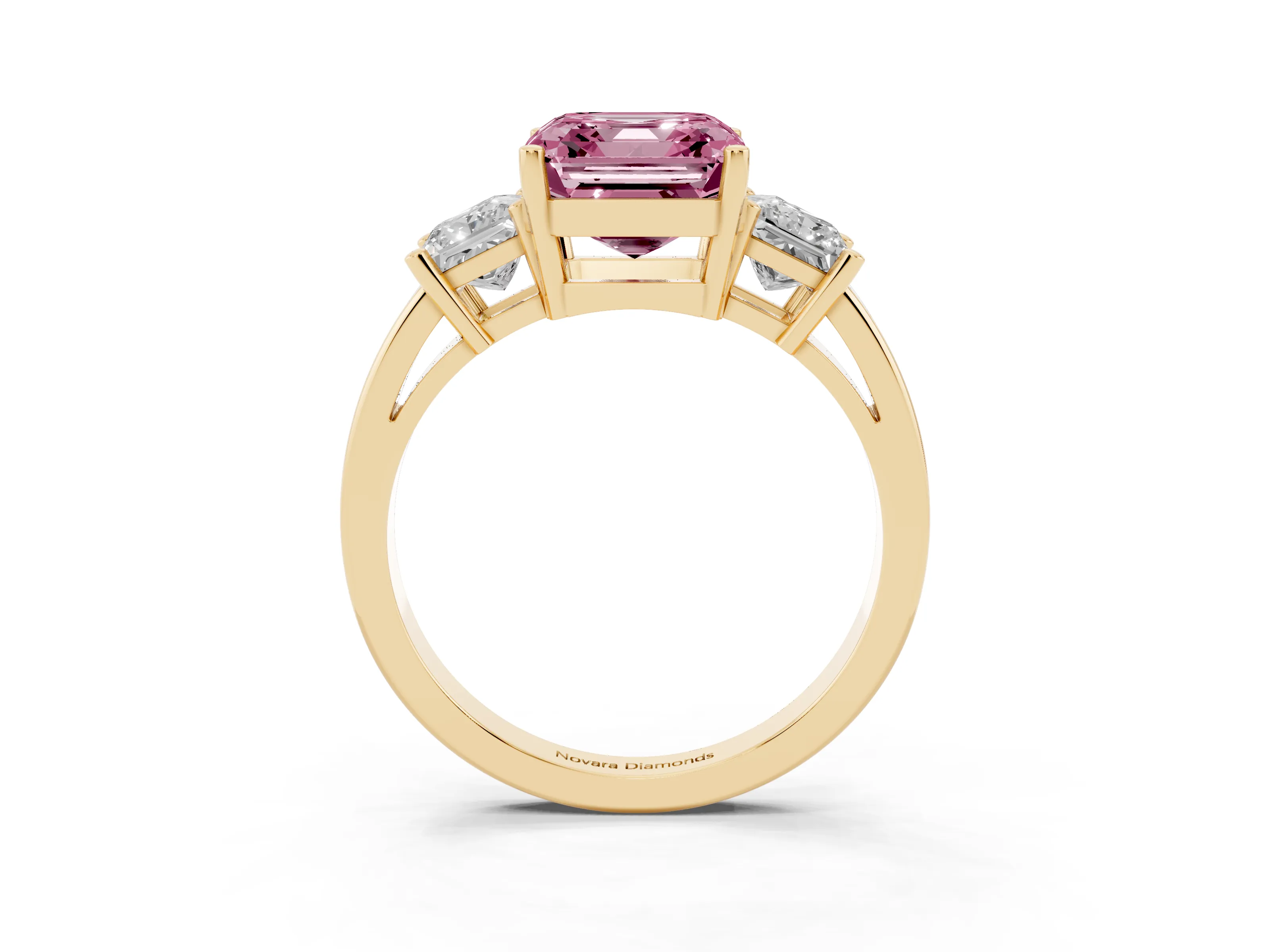 Fancy Pink Three-Stone Asscher Cut Diamond Solitaire Ring Set in Yellow gold with Prong Setting