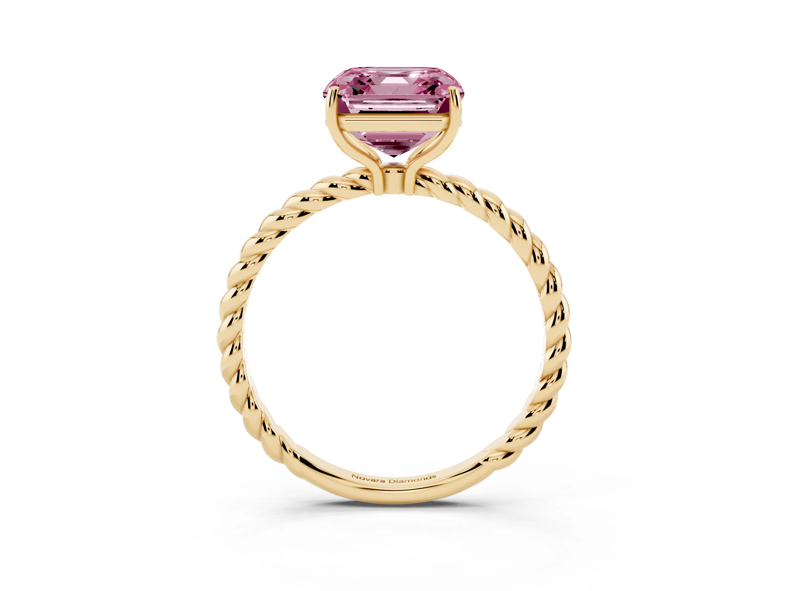 Fancy Pink Asscher Cut Diamond Solitaire Ring Set in Yellow gold with Twist Band and Prong Setting