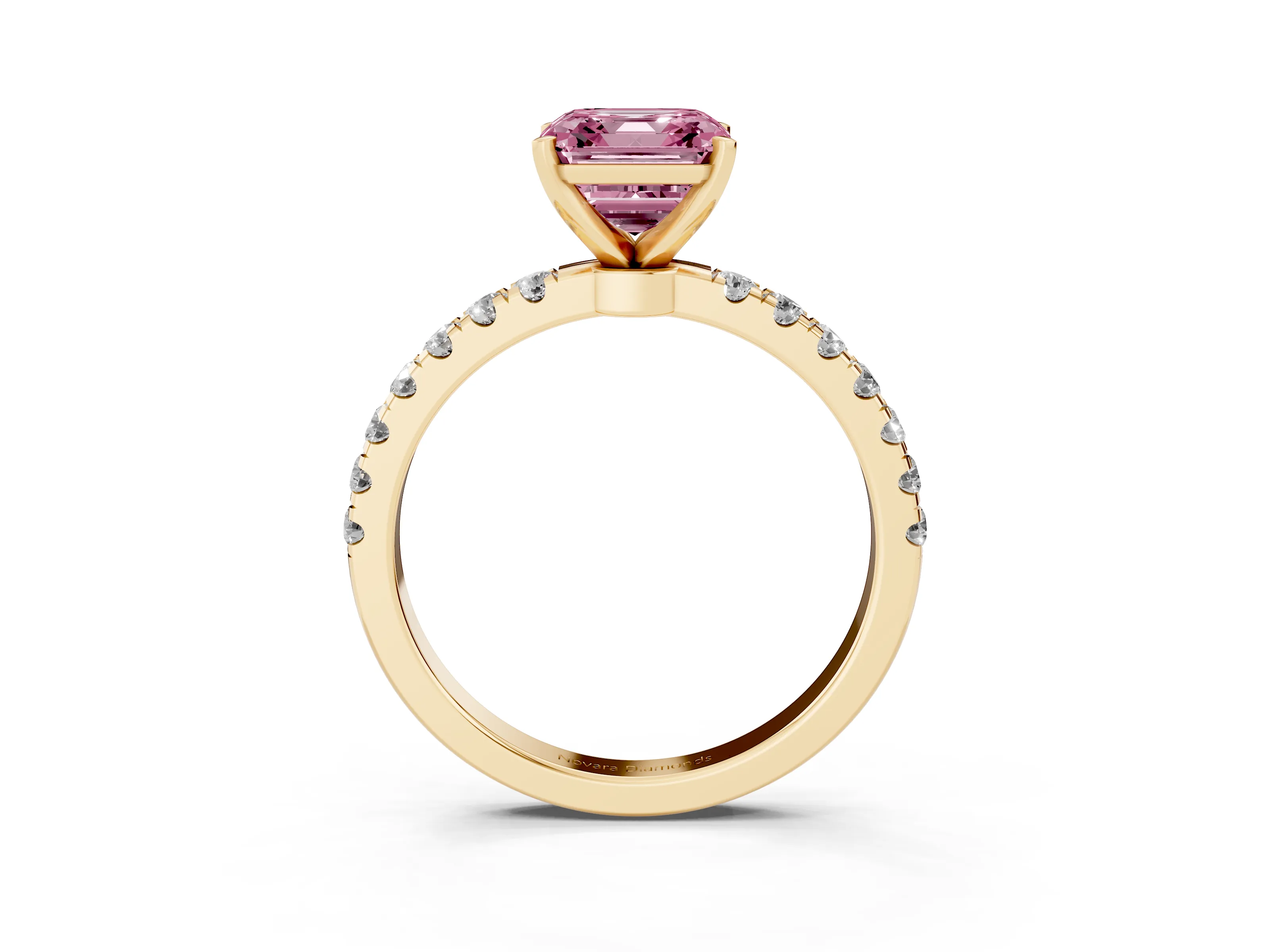 Fancy Pink Asscher Cut Diamond Solitaire Ring Set in Yellow gold with Pavé Accents and Prong Setting