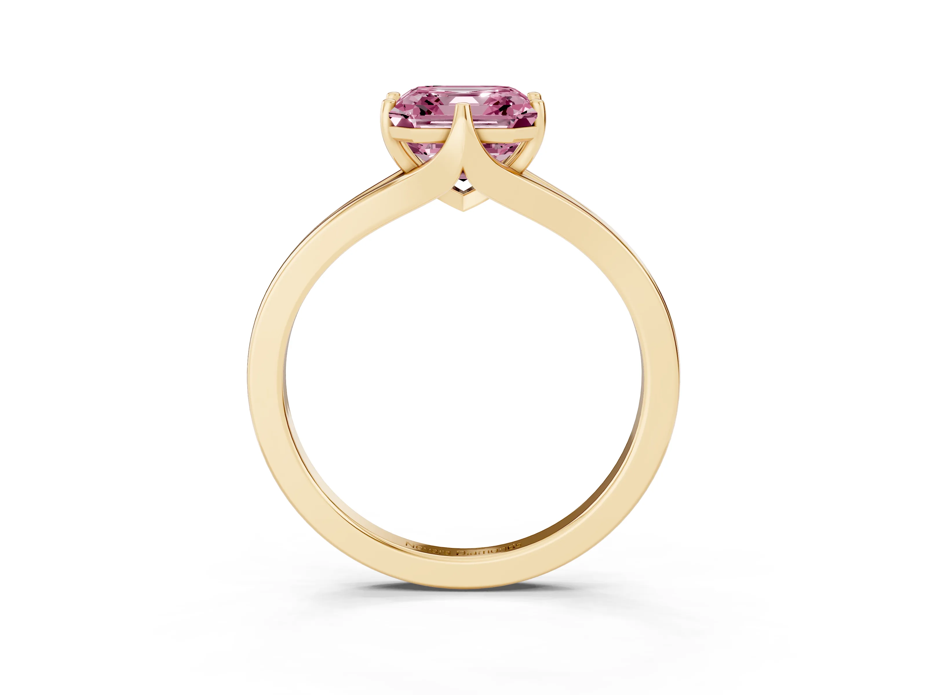 Fancy Pink Asscher Cut Diamond Solitaire Ring Set in Yellow gold with Polished Tapered Band and Prong Setting