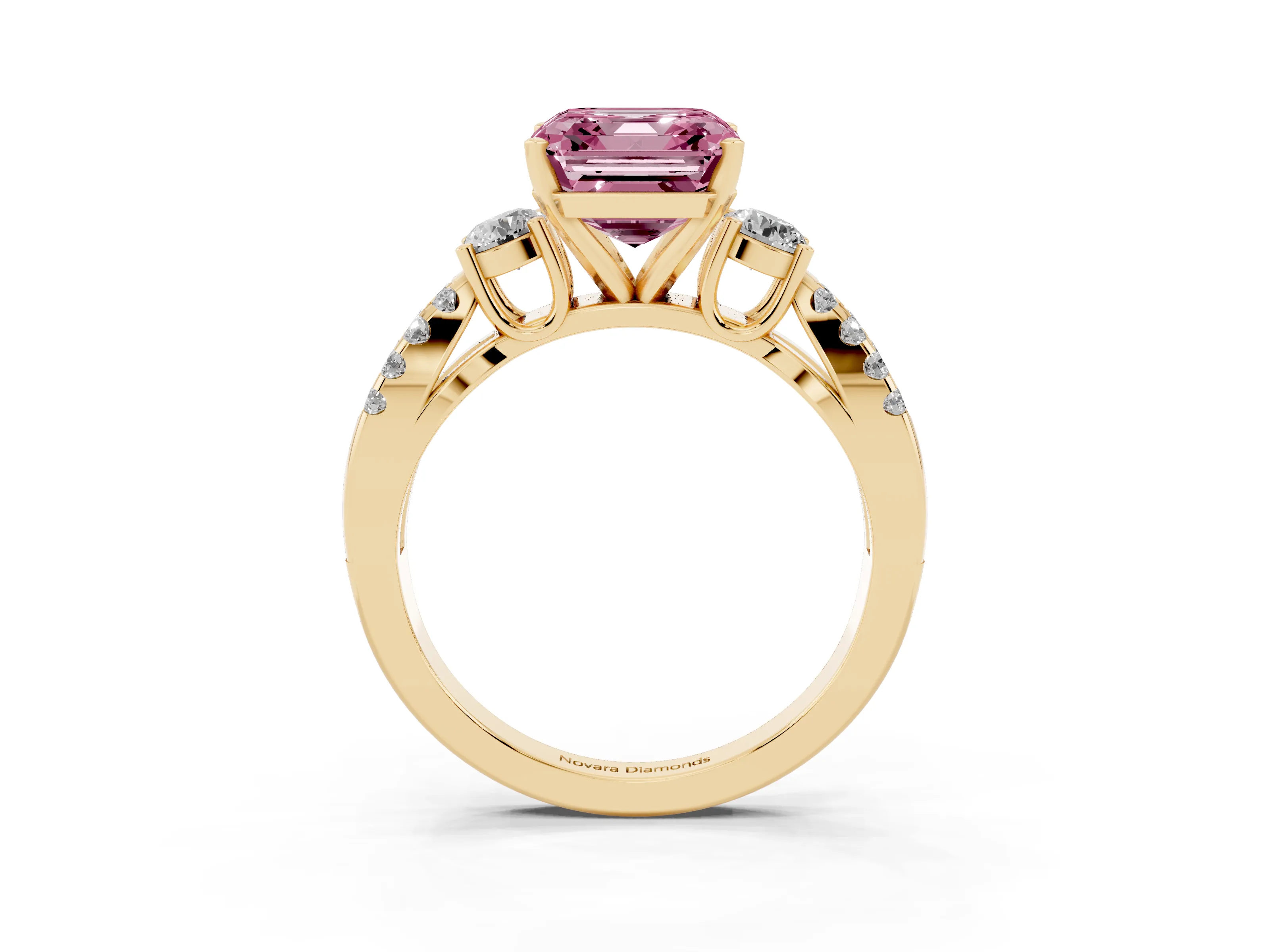 Fancy Pink Asscher Cut Diamond Three-Stone Ring Set in Yellow gold with Pavé Split Shank and Prong Setting