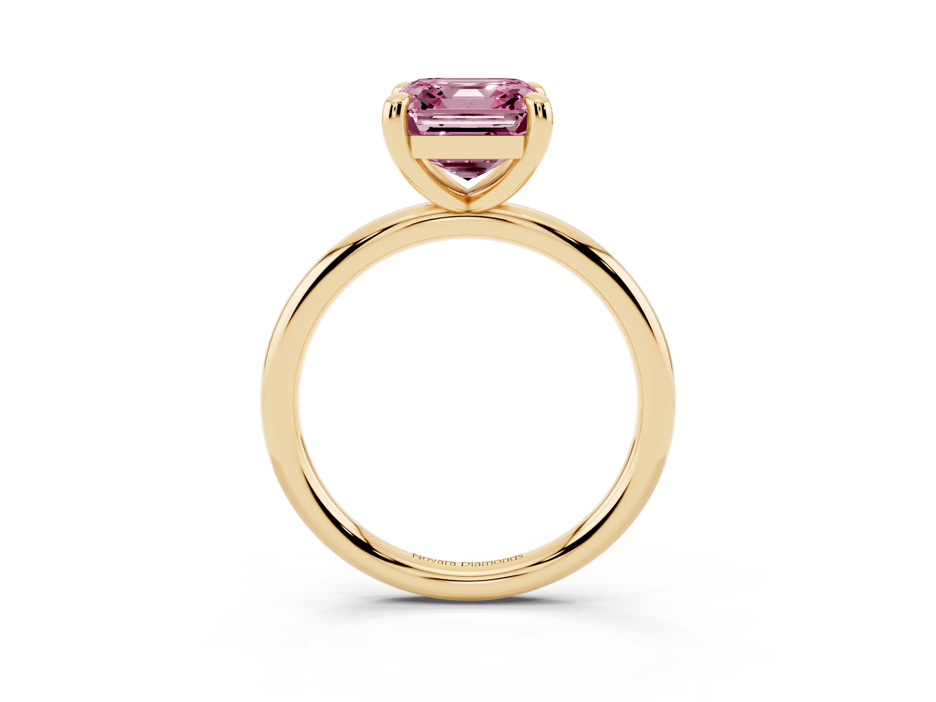 Fancy Pink Asscher Cut Diamond Solitaire Ring Set in Yellow gold with Prong Setting on a Polished Plain Band