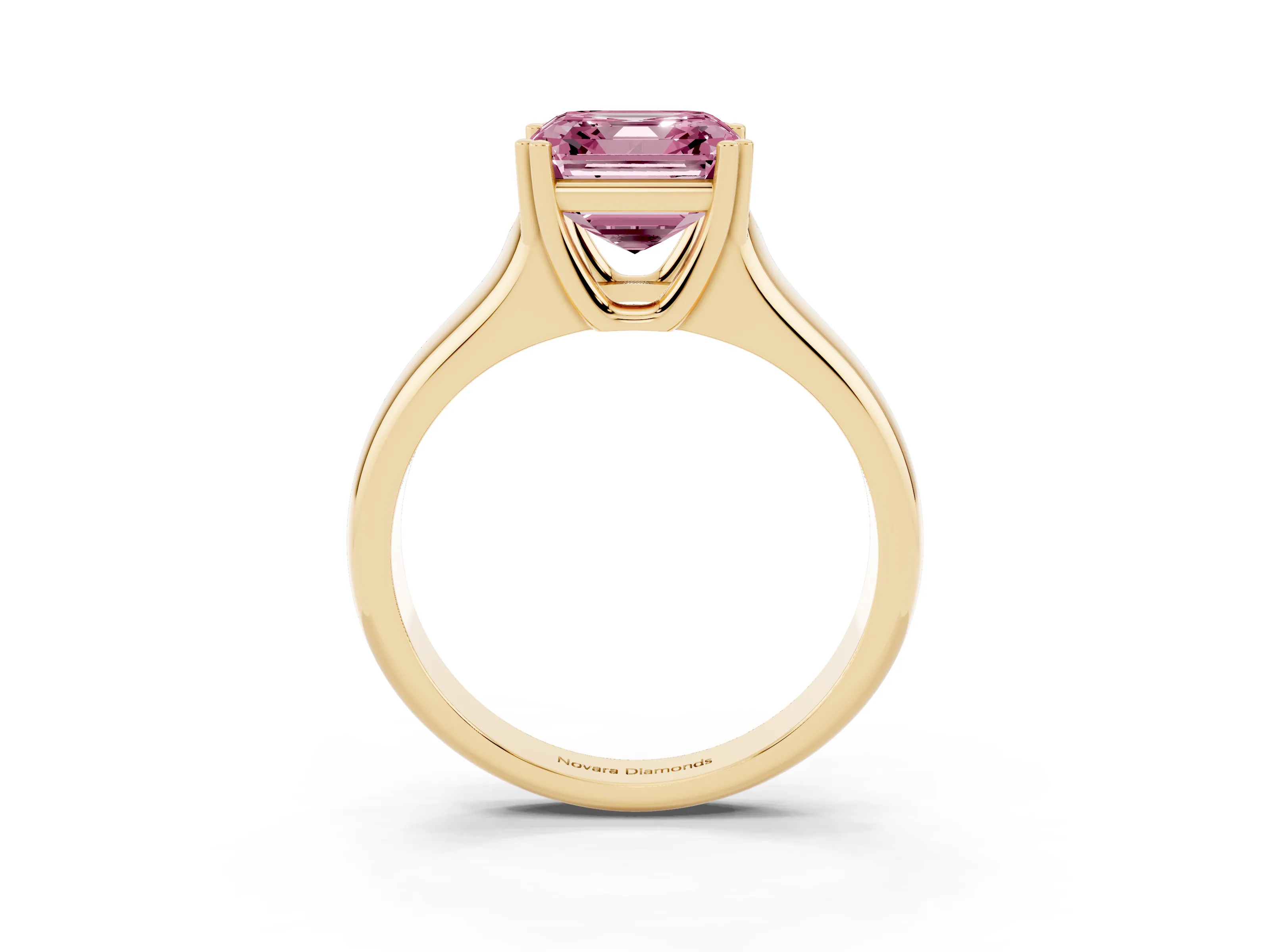 Fancy Pink Asscher Cut Diamond Solitaire Ring Set in Yellow gold with Wide Band and Prong Setting