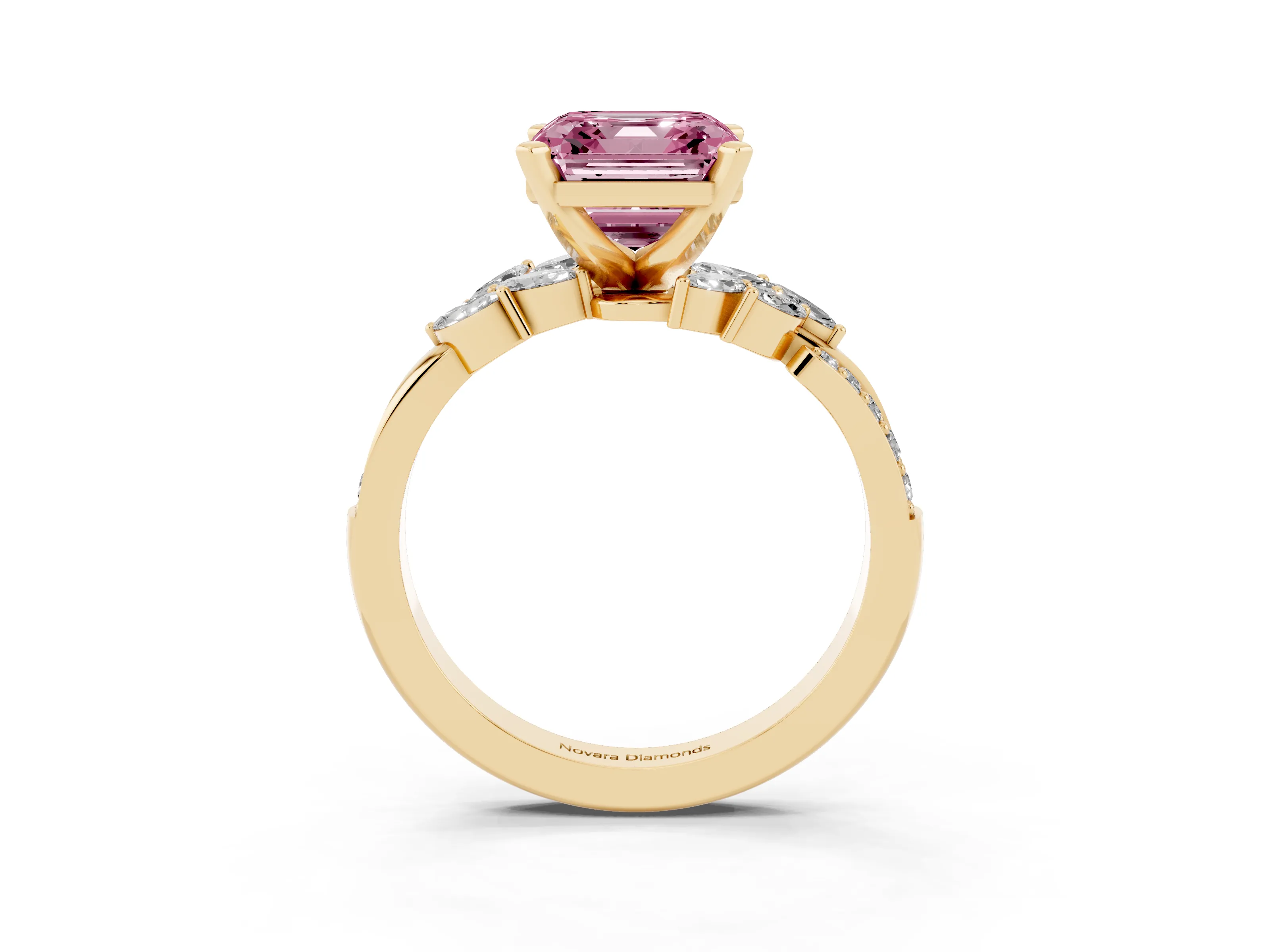 Fancy Pink Asscher Cut Diamond Solitaire Ring Set in Yellow gold with Marquise Twist Band and Prong Setting